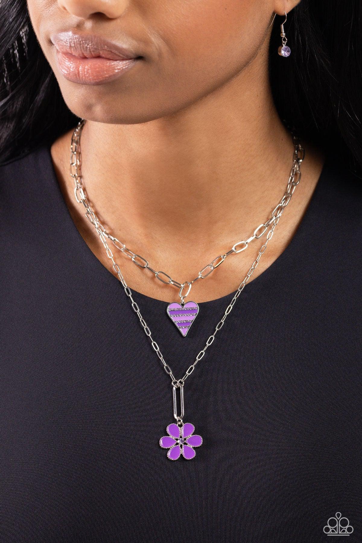 Childhood Charms Purple Heart & Flower Necklace - Paparazzi Accessories- on model - CarasShop.com - Paparazzi Jewelry by Cara Jewels