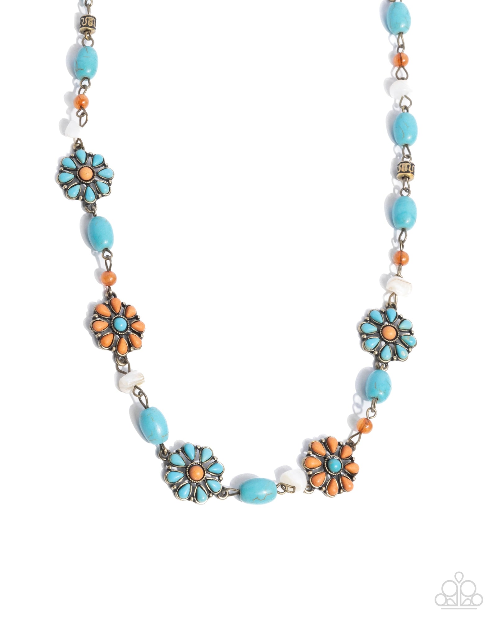 Chill Country Brass & Turquoise Stone Flower Necklace - Paparazzi Accessories- lightbox - CarasShop.com - Paparazzi Jewelry by Cara Jewels