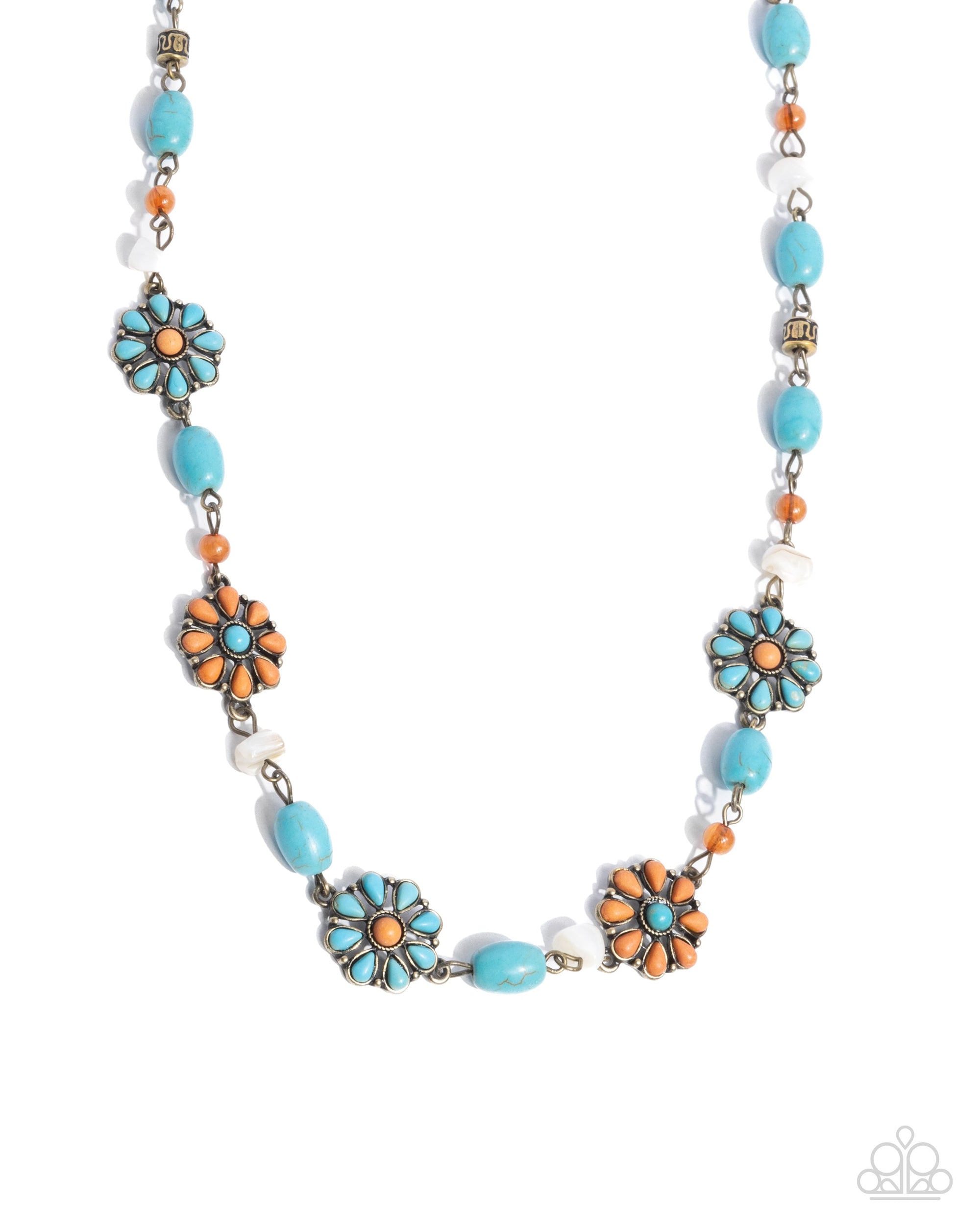 Chill Country Brass & Turquoise Stone Flower Necklace - Paparazzi Accessories- lightbox - CarasShop.com - Paparazzi Jewelry by Cara Jewels
