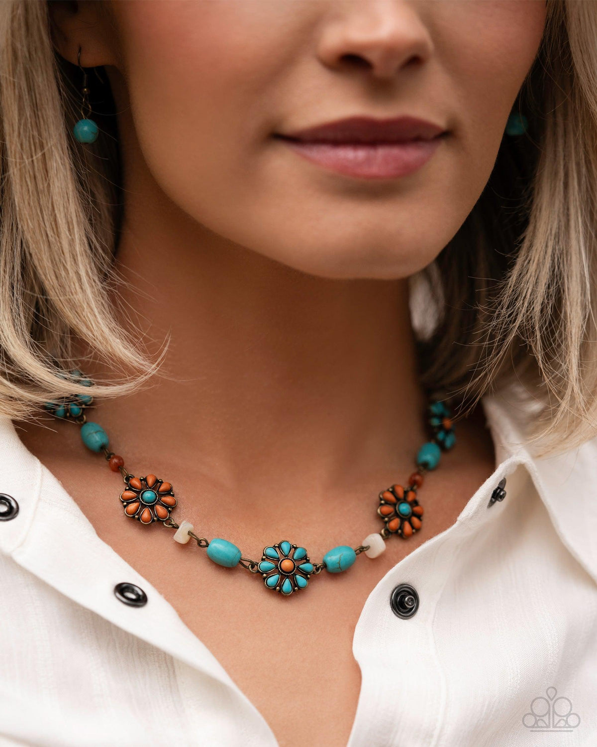 Chill Country Brass & Turquoise Stone Flower Necklace - Paparazzi Accessories- on model - CarasShop.com - Paparazzi Jewelry by Cara Jewels