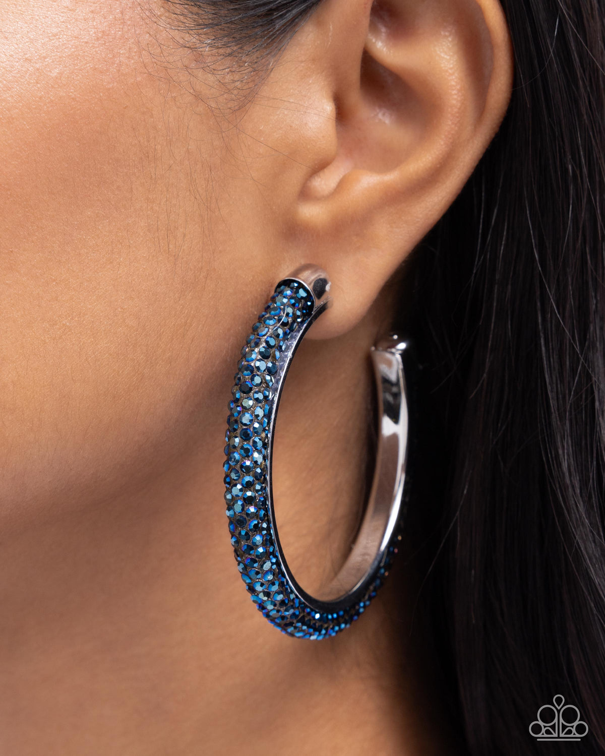 Chiseled Crescendo Blue Rhinestone Hoop Earrings - Paparazzi Accessories- on model - CarasShop.com - Paparazzi Jewelry by Cara Jewels