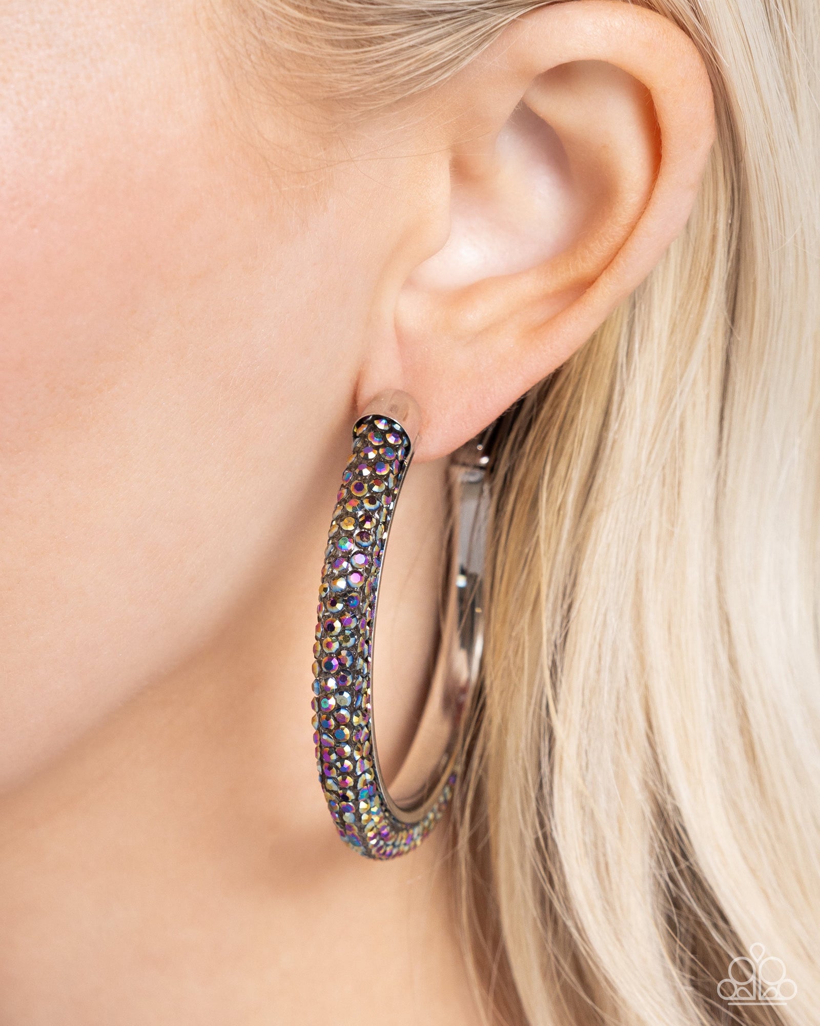 Chiseled Crescendo Multi Oil Spill Rhinestone Hoop Earrings - Paparazzi Accessories- lightbox - CarasShop.com - Paparazzi Jewelry by Cara Jewels
