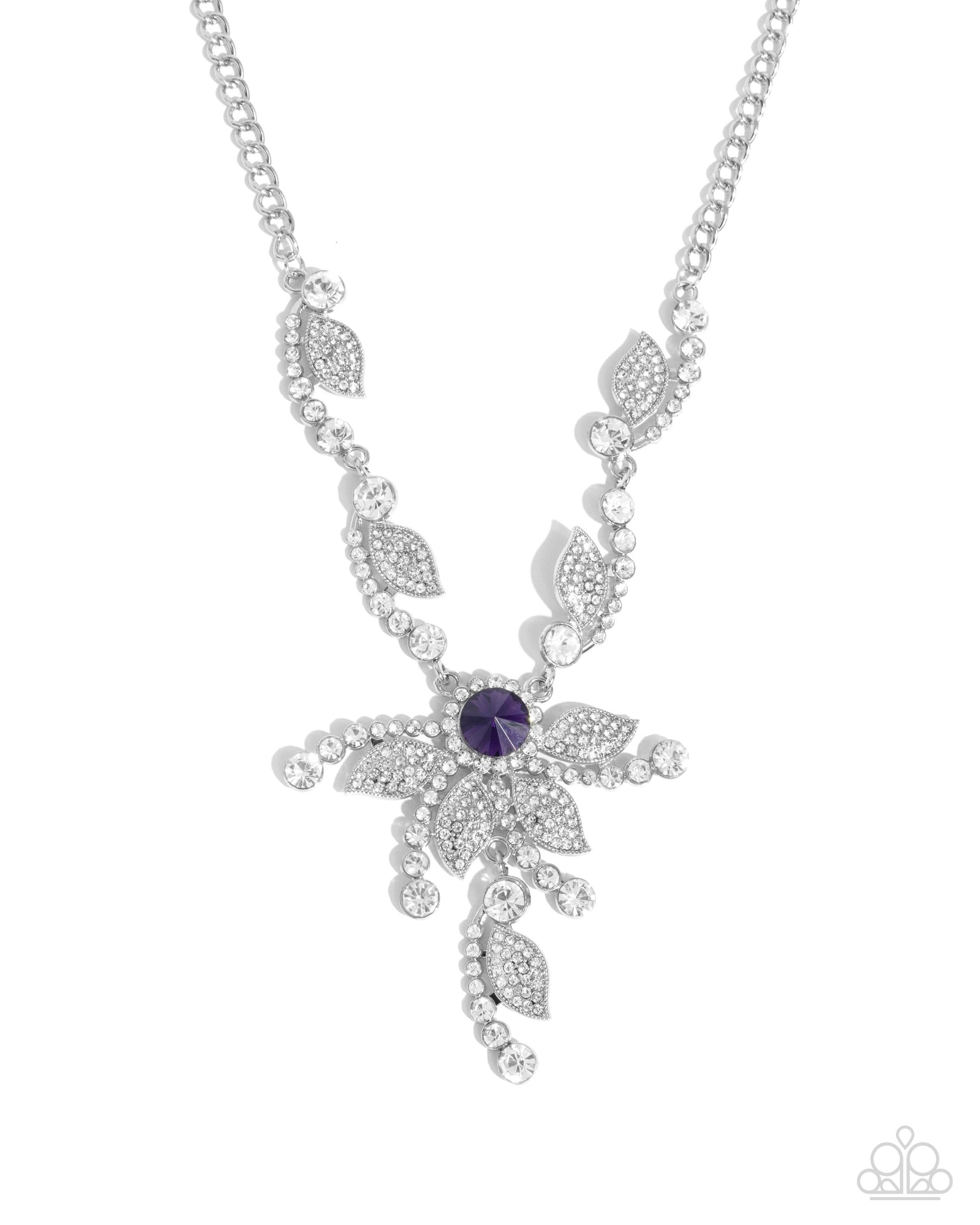 Cinematic Chic Purple & White Rhinestone Floral Necklace - Paparazzi Accessories- lightbox - CarasShop.com - Paparazzi Jewelry by Cara Jewels