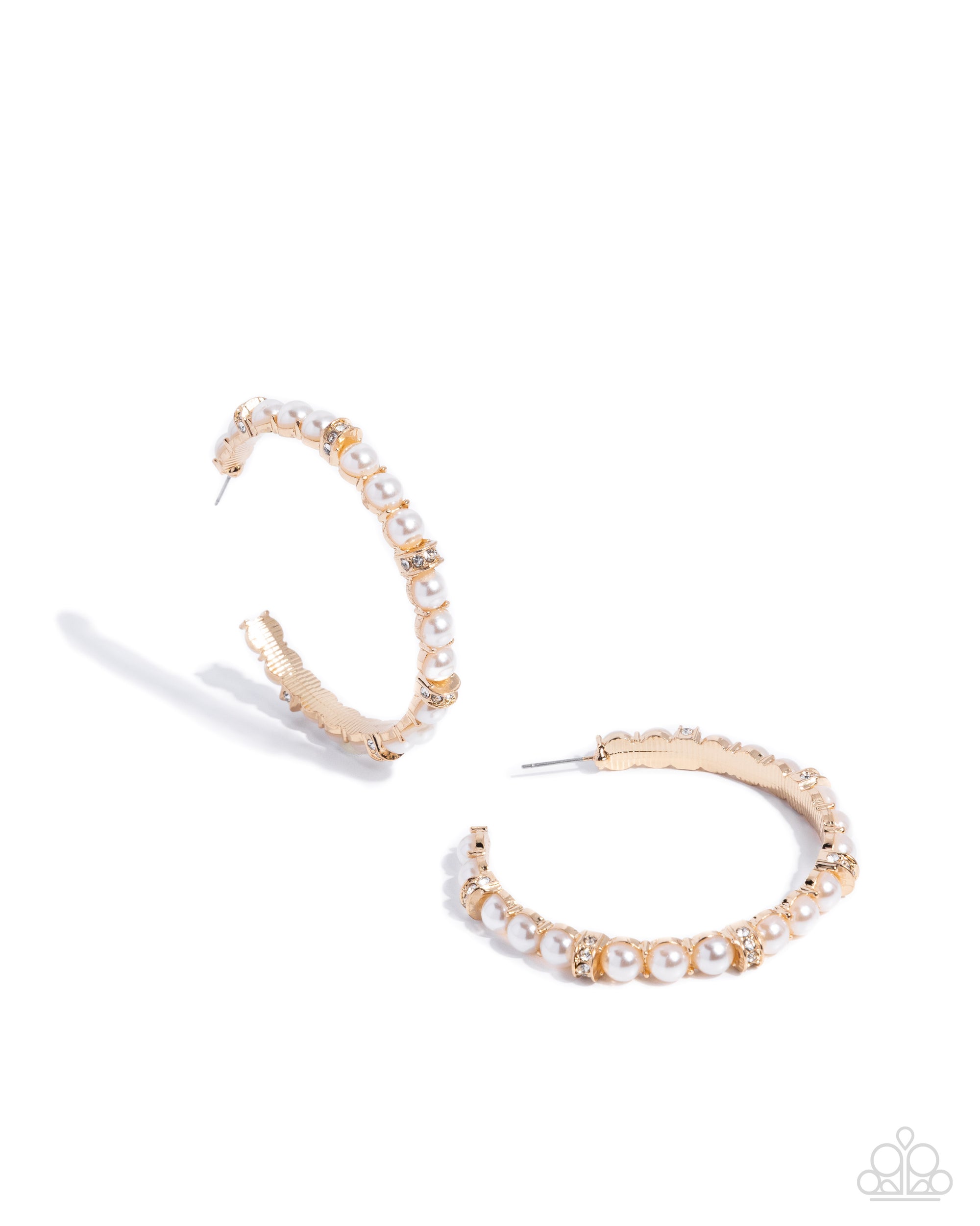 Classical Ballet Gold and White Pearl & Rhinestone Hoop Earrings - Paparazzi Accessories- lightbox - CarasShop.com - Paparazzi Jewelry by Cara Jewels