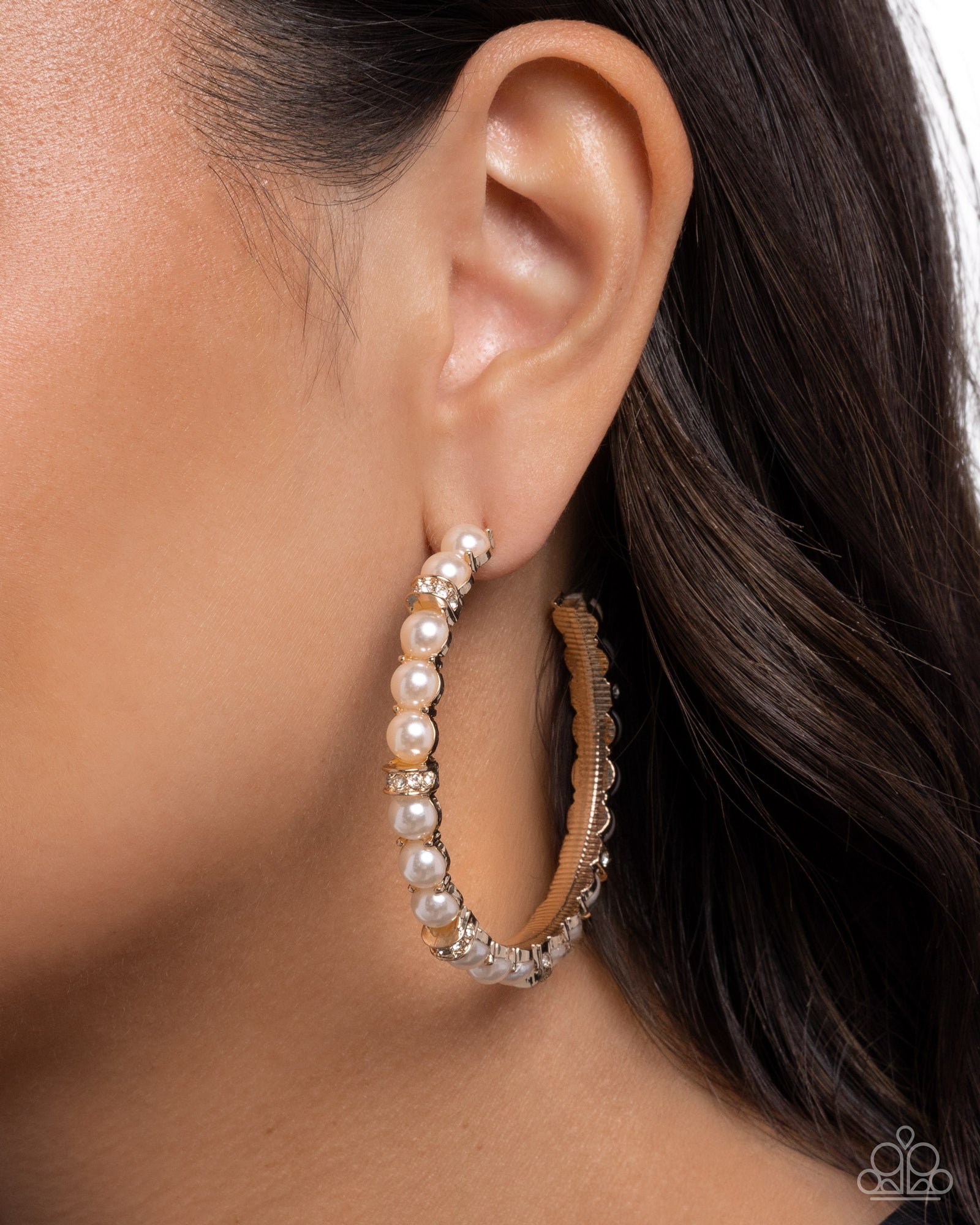 Classical Ballet Gold and White Pearl & Rhinestone Hoop Earrings - Paparazzi Accessories- lightbox - CarasShop.com - Paparazzi Jewelry by Cara Jewels