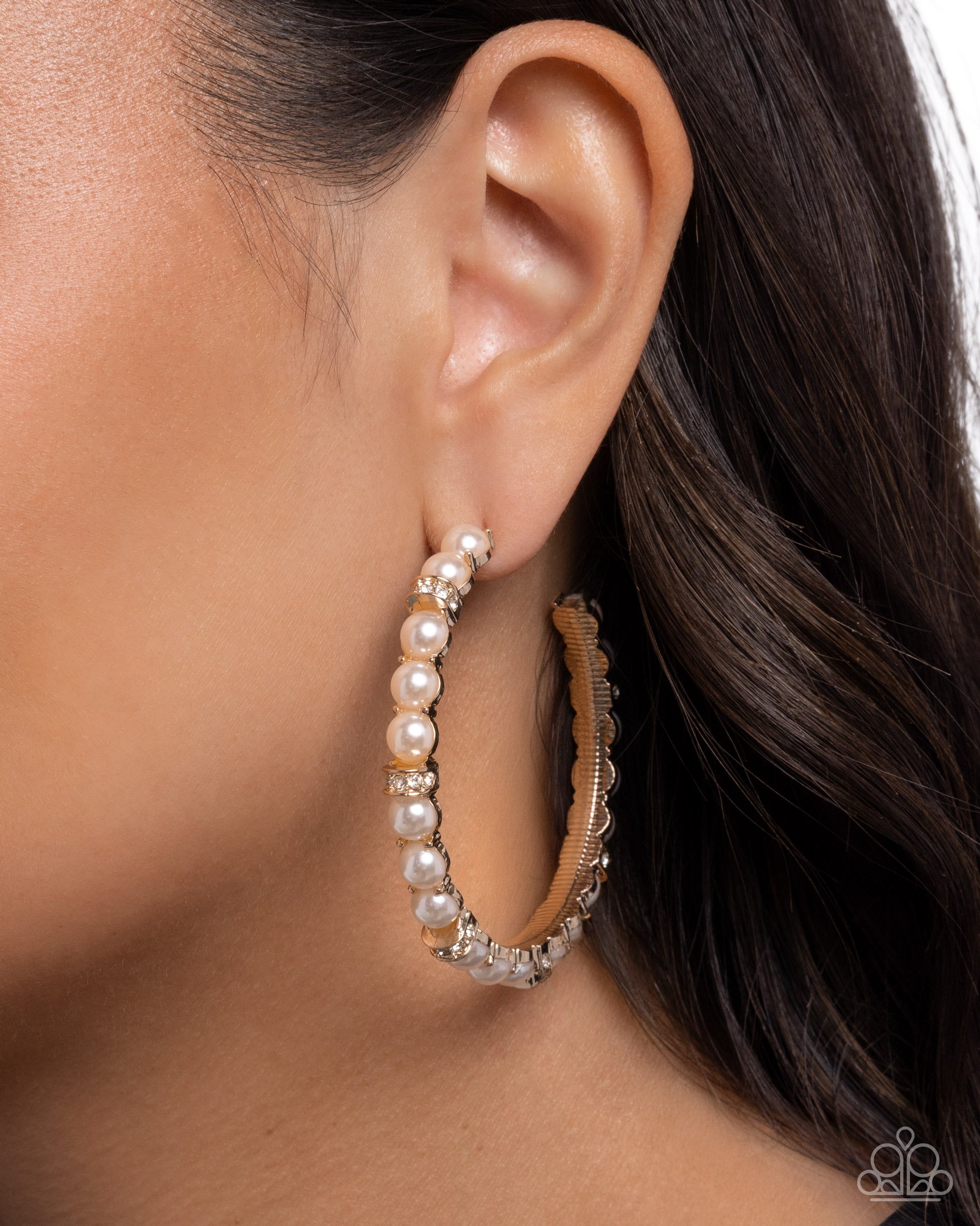 Classical Ballet Gold and White Pearl & Rhinestone Hoop Earrings - Paparazzi Accessories- lightbox - CarasShop.com - Paparazzi Jewelry by Cara Jewels