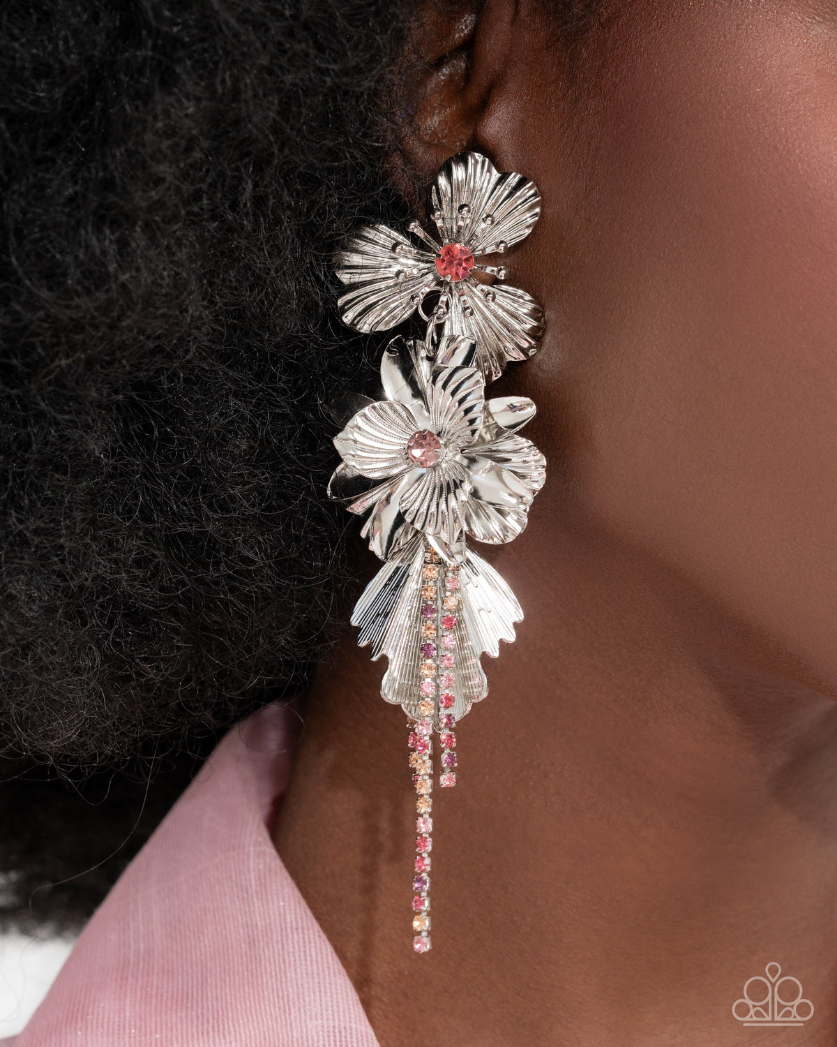 Classical Cadenza Multi Pink & Silver Floral Post Earrings - Paparazzi Accessories- on model - CarasShop.com - Paparazzi Jewelry by Cara Jewels