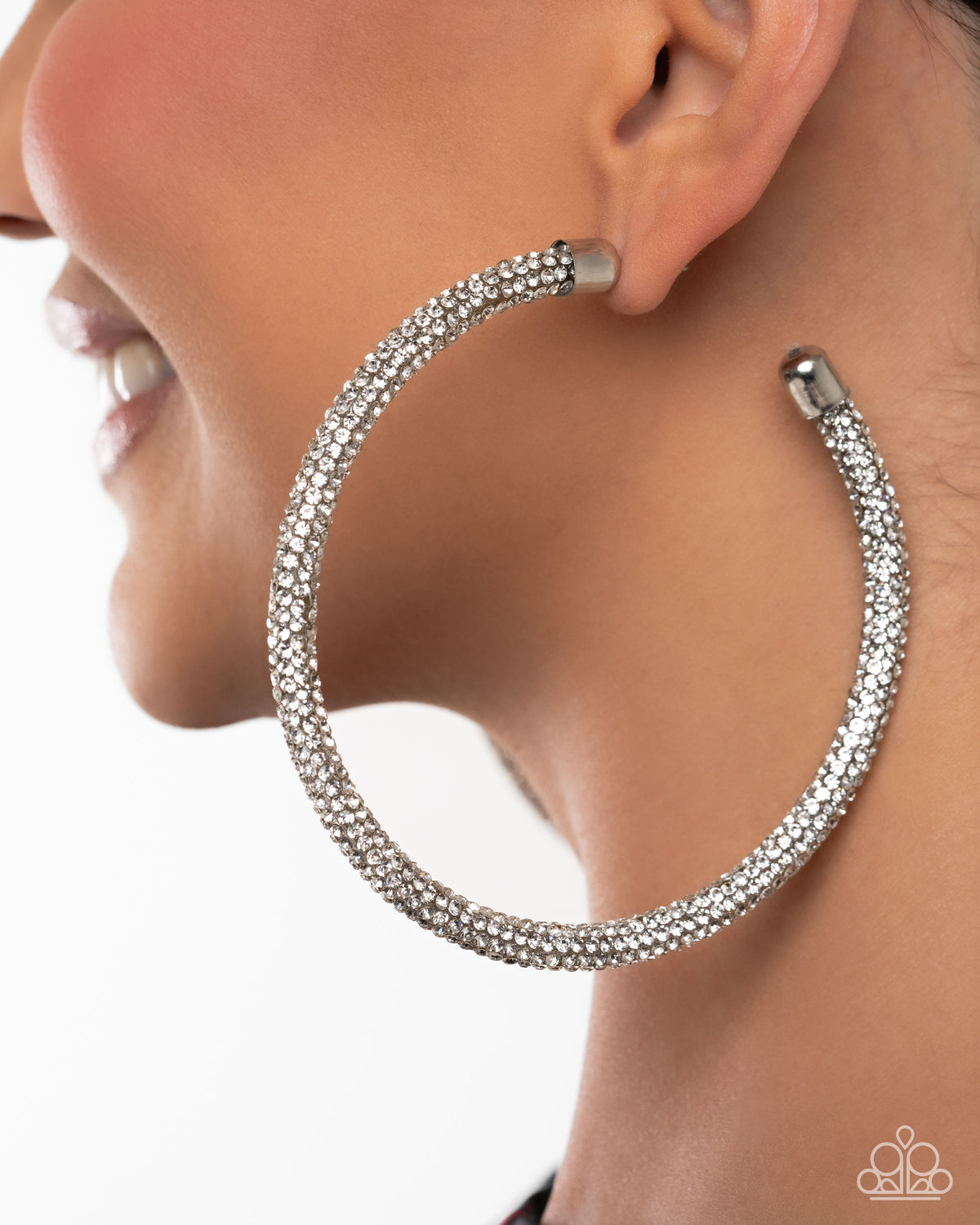 Classy Condition White Hoop Earrings - Paparazzi Accessories-on model - CarasShop.com - Paparazzi Jewelry by Cara Jewels
