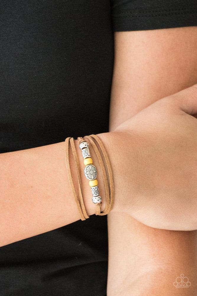 Clear A Path Yellow Leather Tie Bracelet - Paparazzi Accessories- lightbox - CarasShop.com - Paparazzi Jewelry by Cara Jewels