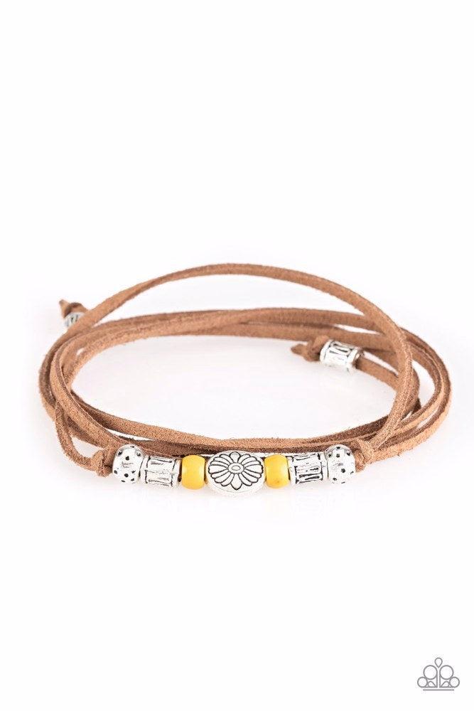 Clear A Path Yellow Leather Tie Bracelet - Paparazzi Accessories- on model - CarasShop.com - Paparazzi Jewelry by Cara Jewels