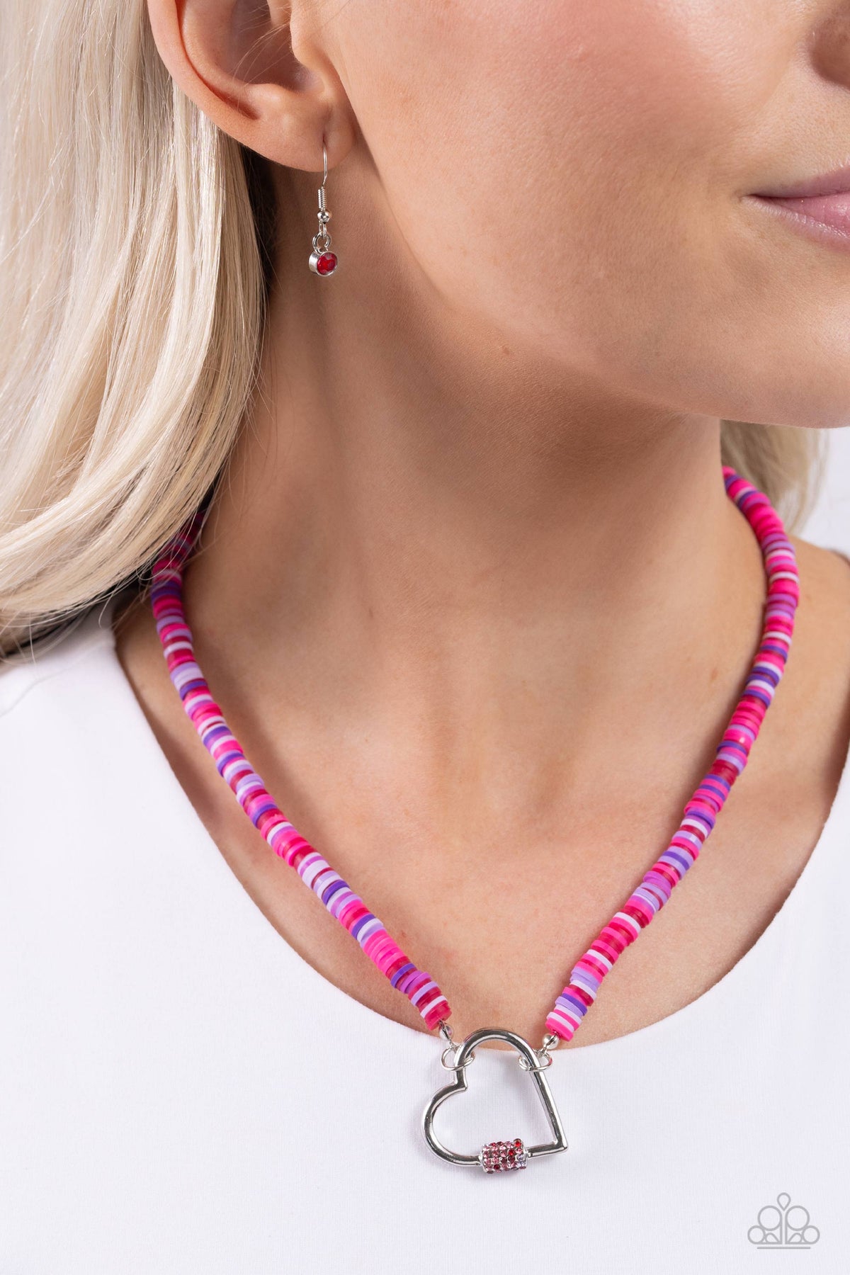 Clearly Carabiner Red & Silver Heart Necklace - Paparazzi Accessories- on model - CarasShop.com - Paparazzi Jewelry by Cara Jewels