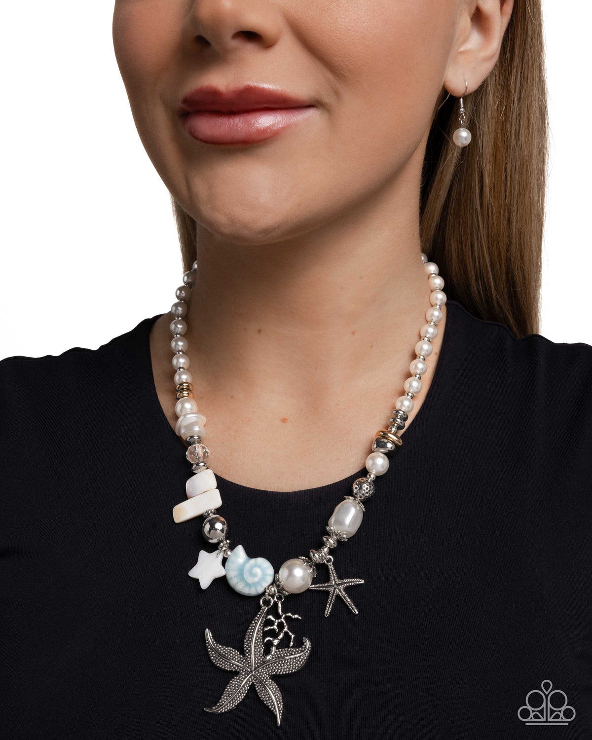 Coastal Cameo Blue Shell, Starfish & Pearl Necklace - Paparazzi Accessories- on model - CarasShop.com - Paparazzi Jewelry by Cara Jewels