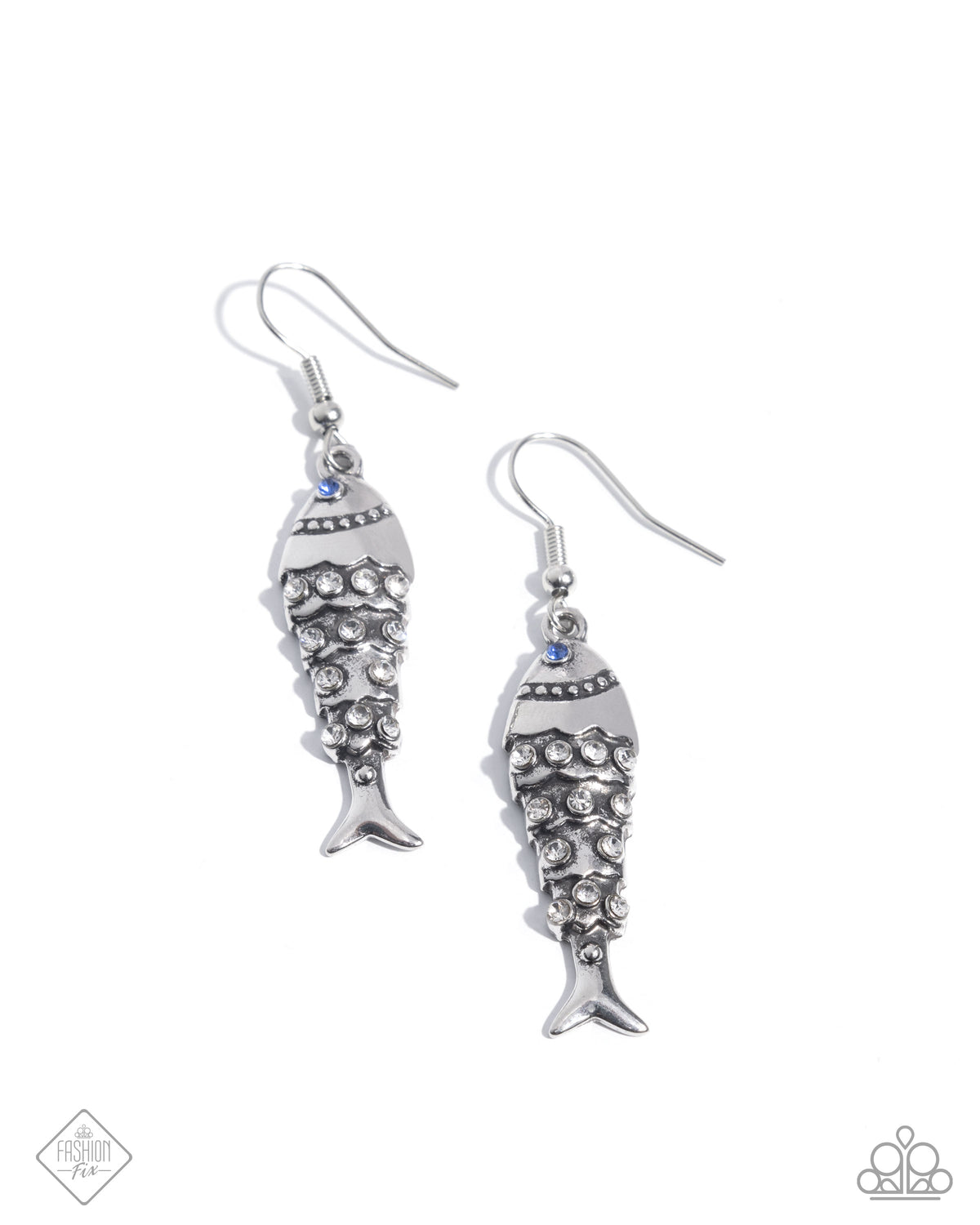 Coastal Cast Blue & White Rhinestone Fish Earrings - Paparazzi Accessories- lightbox - CarasShop.com - Paparazzi Jewelry by Cara Jewels