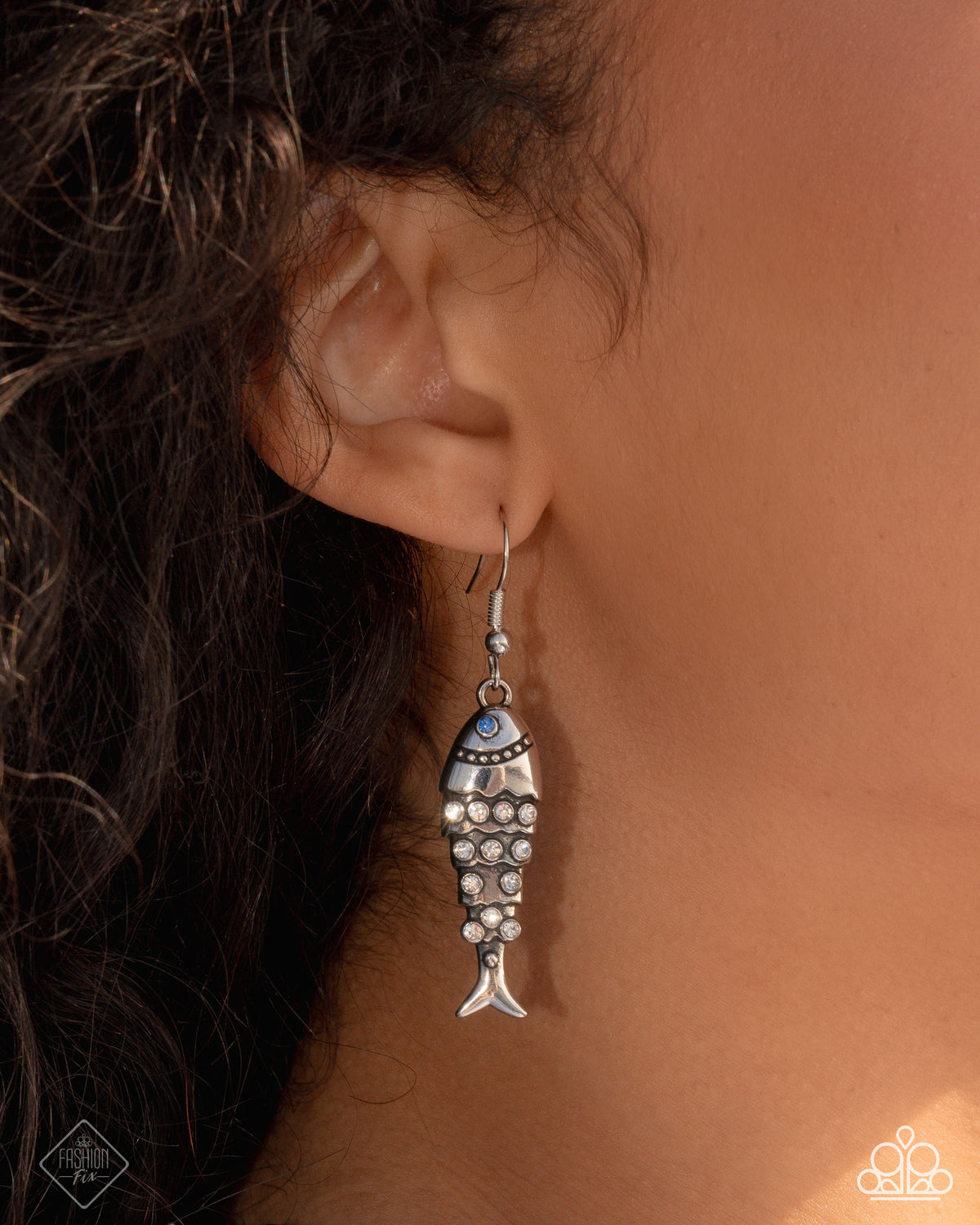 Coastal Cast Blue & White Rhinestone Fish Earrings - Paparazzi Accessories- on model - CarasShop.com - Paparazzi Jewelry by Cara Jewels