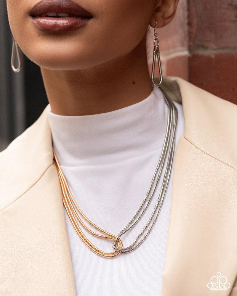 Coiled Cause Multi Gold & Silver Necklace - Paparazzi Accessories-on model - CarasShop.com - Paparazzi Jewelry by Cara Jewels