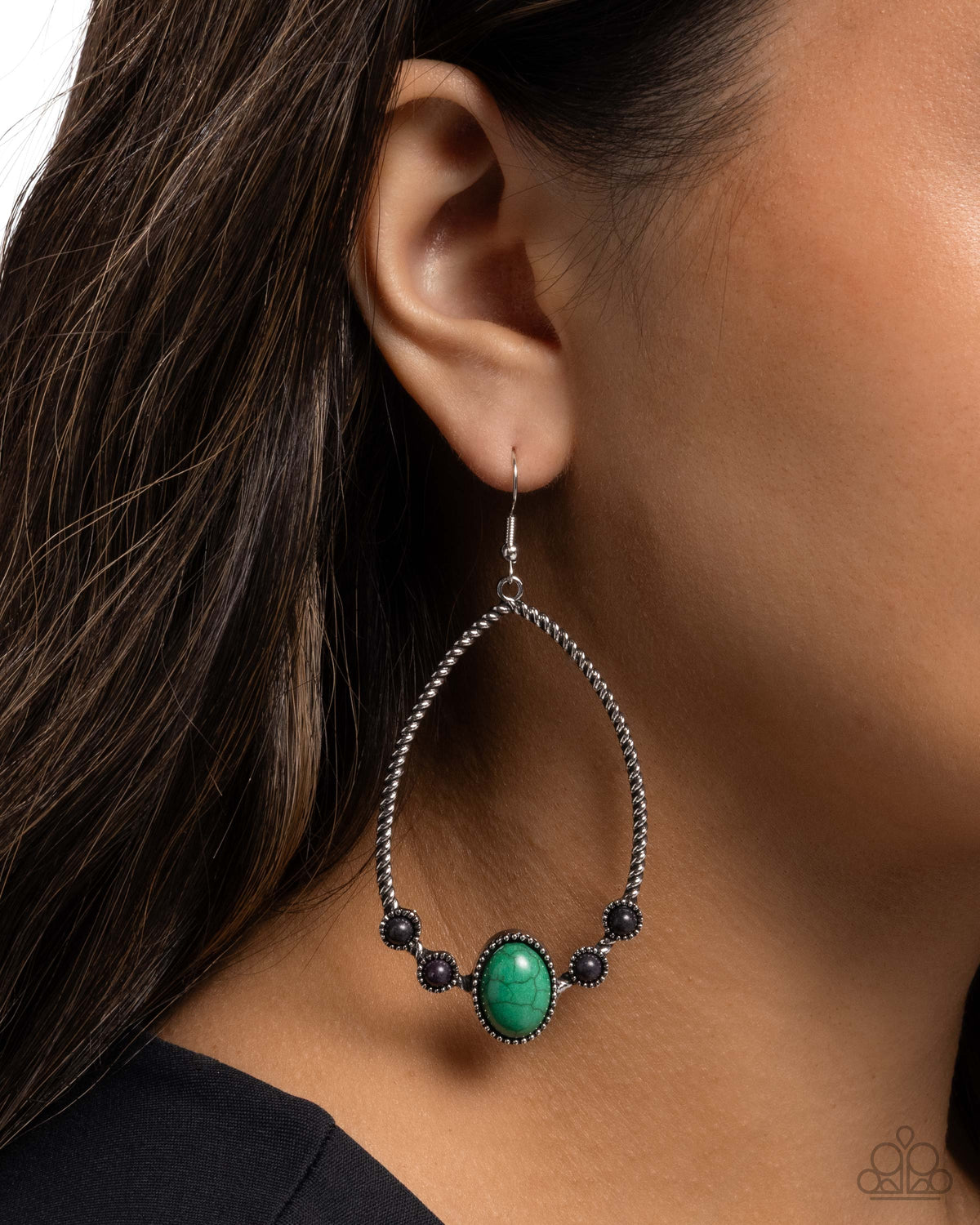 Coiled Craze Green & Black Stone Earrings - Paparazzi Accessories-on model - CarasShop.com - Paparazzi Jewelry by Cara Jewels