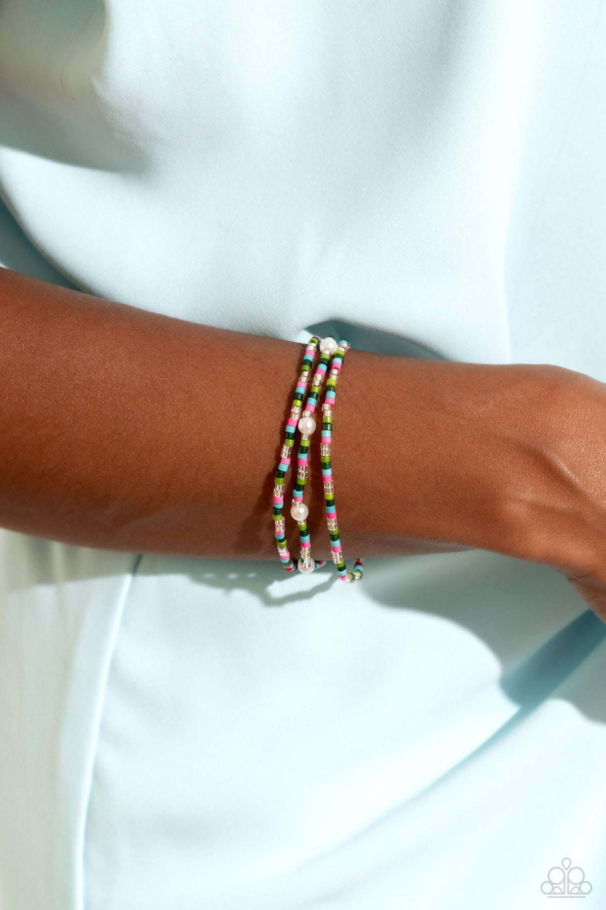 Colorblock Cache Green & Multi Seed Bead and Pearl Bracelet - Paparazzi Accessories- on model - CarasShop.com - Paparazzi Jewelry by Cara Jewels