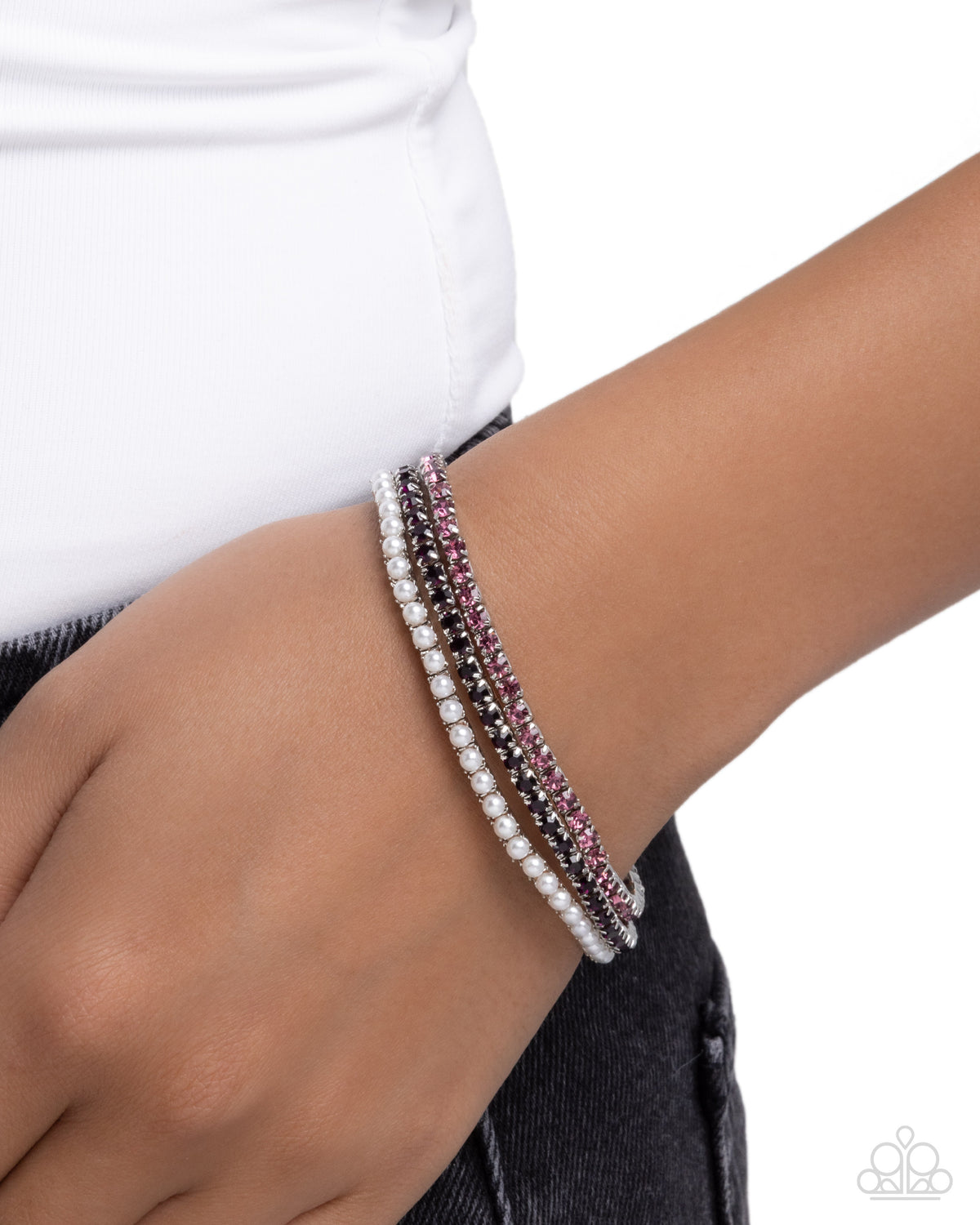 Colorful Cabaret Purple Rhinestone & Pearl Bracelet - Paparazzi Accessories-on model - CarasShop.com - Paparazzi Jewelry by Cara Jewels