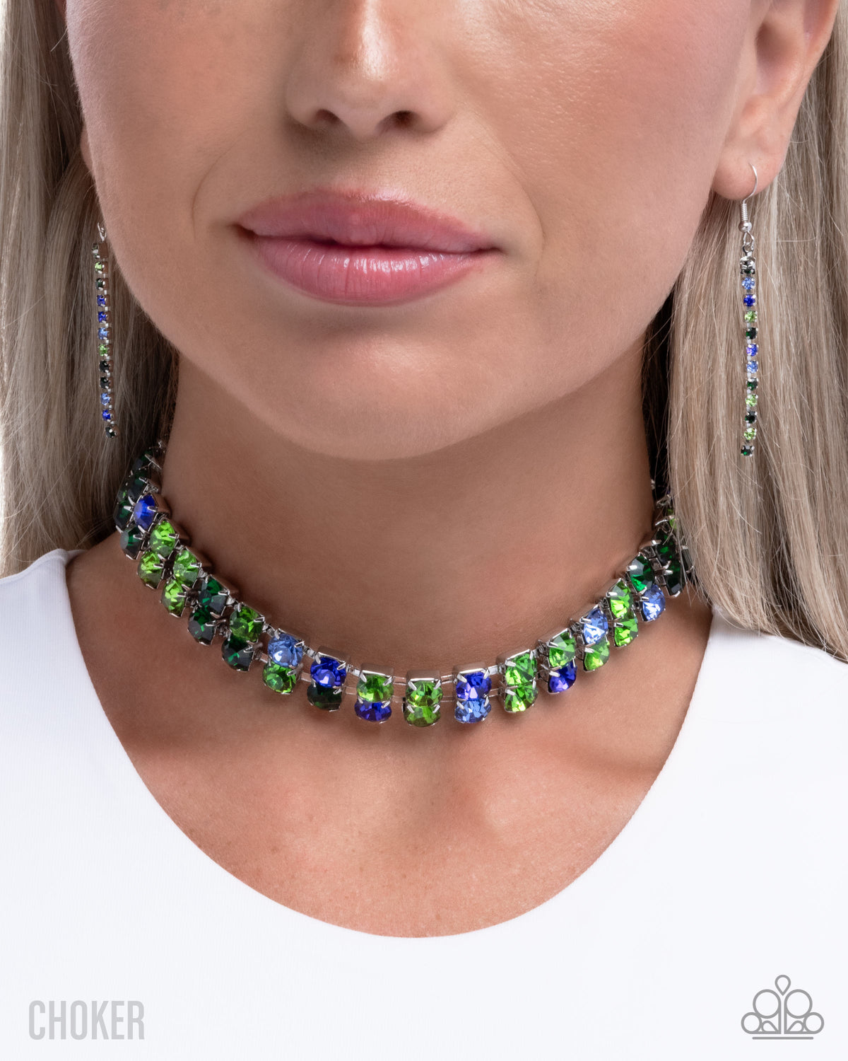 Colorful Charm Green & Blue Gem Choker Necklace - Paparazzi Accessories-on model - CarasShop.com - Paparazzi Jewelry by Cara Jewels