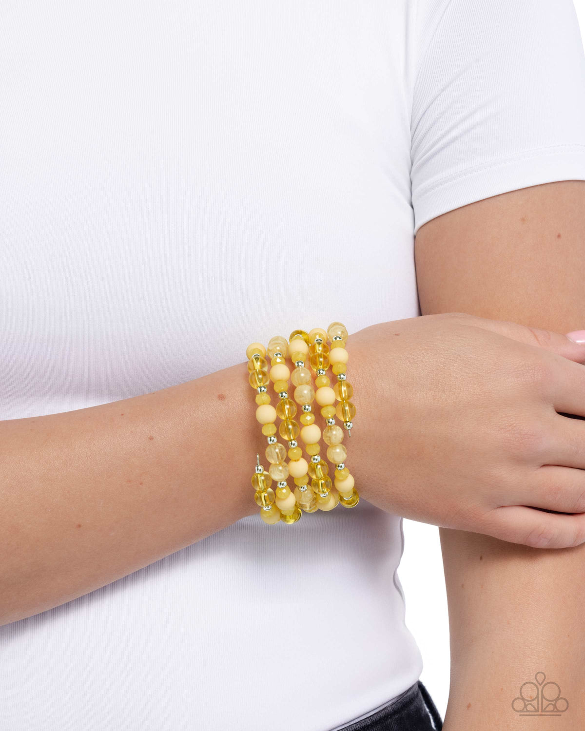 Colorful Chorus Yellow Coil Bracelet - Paparazzi Accessories-on model - CarasShop.com - Paparazzi Jewelry by Cara Jewels