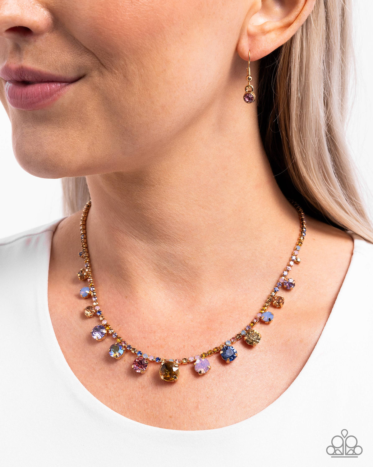Colorful Countess Multi Rhinestone Gold Necklace - Paparazzi Accessories- on model - CarasShop.com - Paparazzi Jewelry by Cara Jewels
