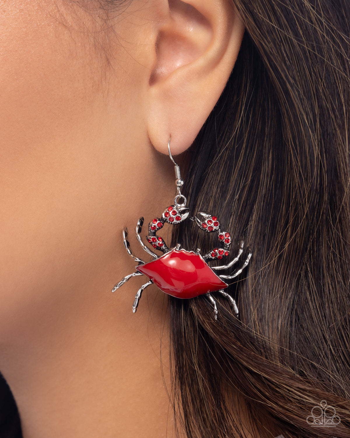 Colorful Crab Red Rhinestone Earrings - Paparazzi Accessories- on model - CarasShop.com - Paparazzi Jewelry by Cara Jewels