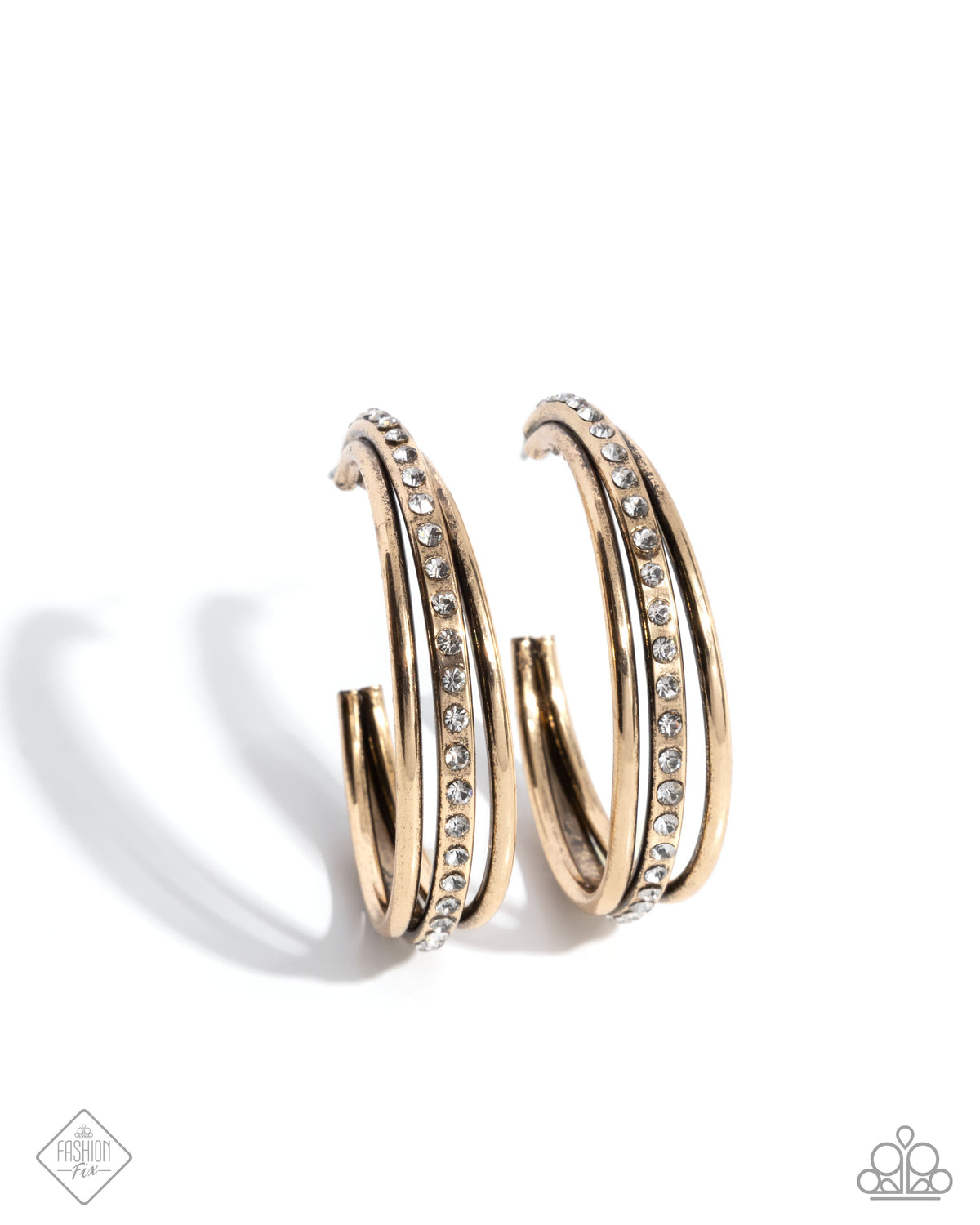 Commanding Culture Gold & White Rhinestone Hoop Earrings - Paparazzi Accessories- lightbox - CarasShop.com - Paparazzi Jewelry by Cara Jewels