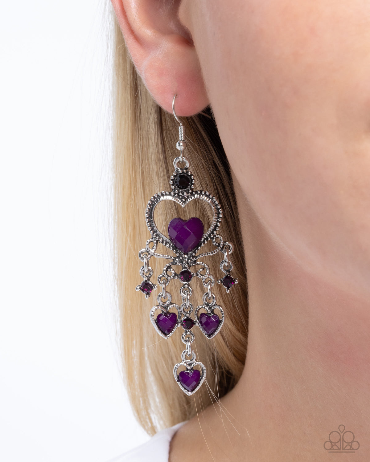 Compassionate Chandelier Purple Rhinestone Heart Earrings - Paparazzi Accessories- on model - CarasShop.com - Paparazzi Jewelry by Cara Jewels