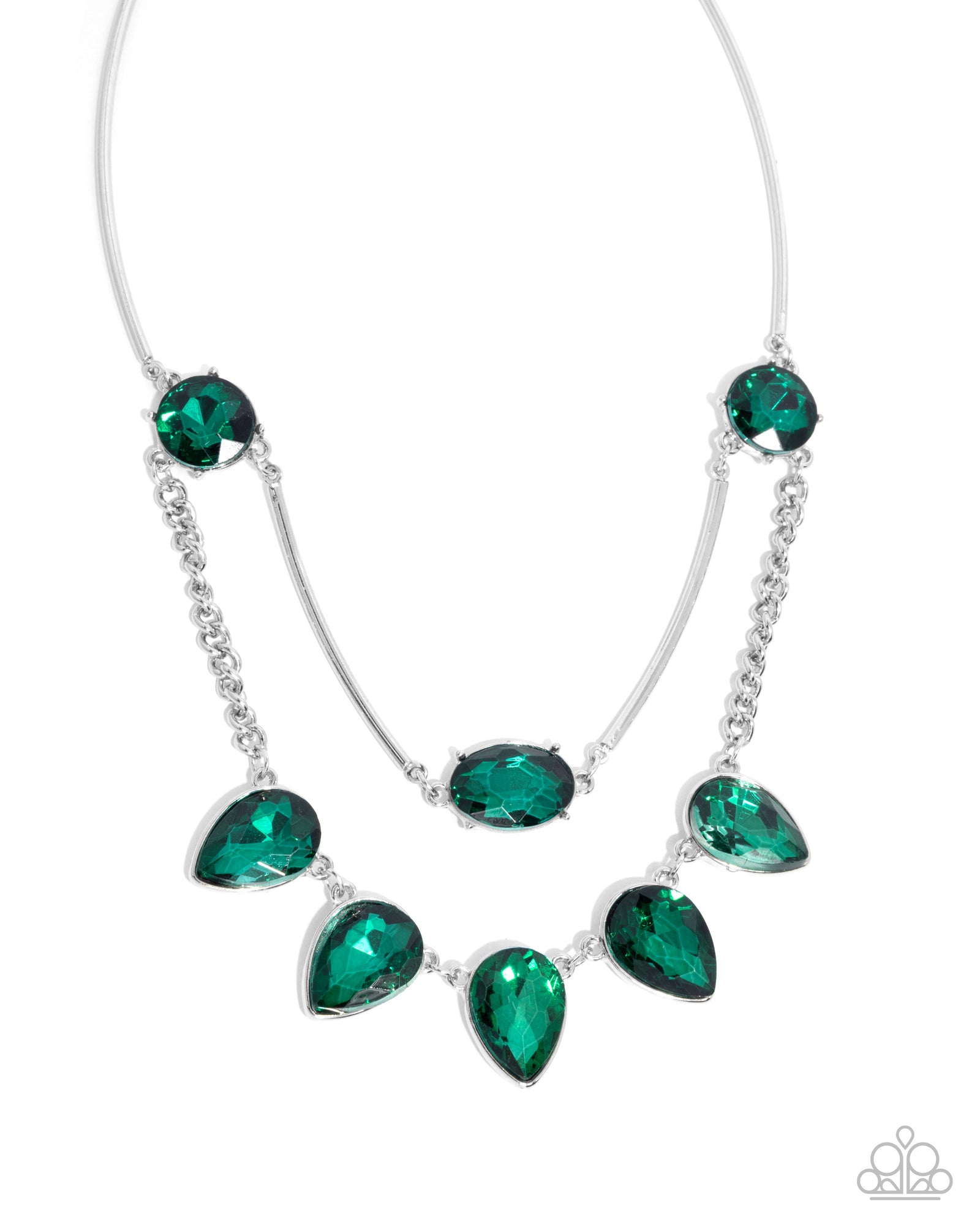 Confident Cascade Emerald Green Rhinestone Necklace - Paparazzi Accessories- lightbox - CarasShop.com - Paparazzi Jewelry by Cara Jewels