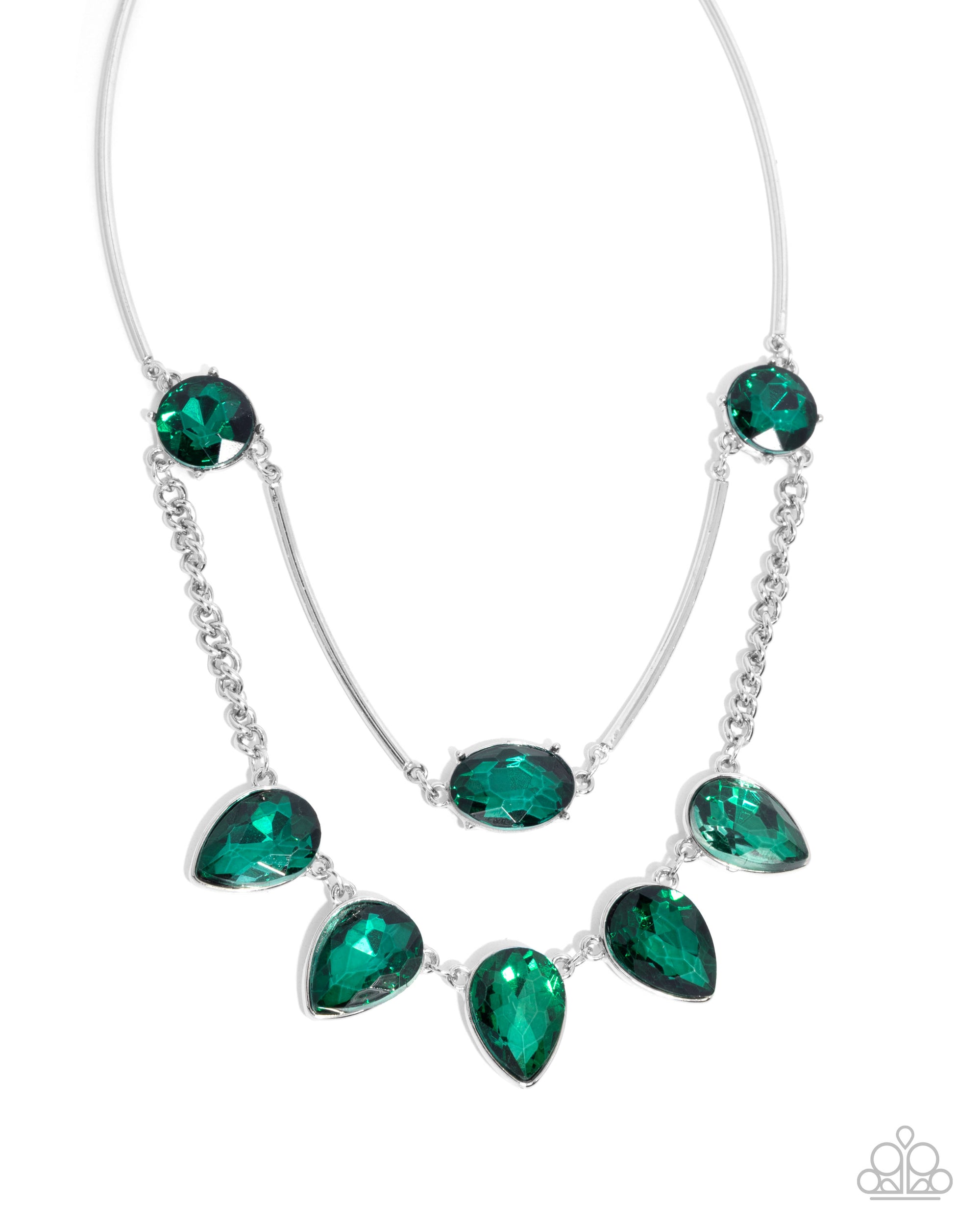 Confident Cascade Emerald Green Rhinestone Necklace - Paparazzi Accessories- lightbox - CarasShop.com - Paparazzi Jewelry by Cara Jewels