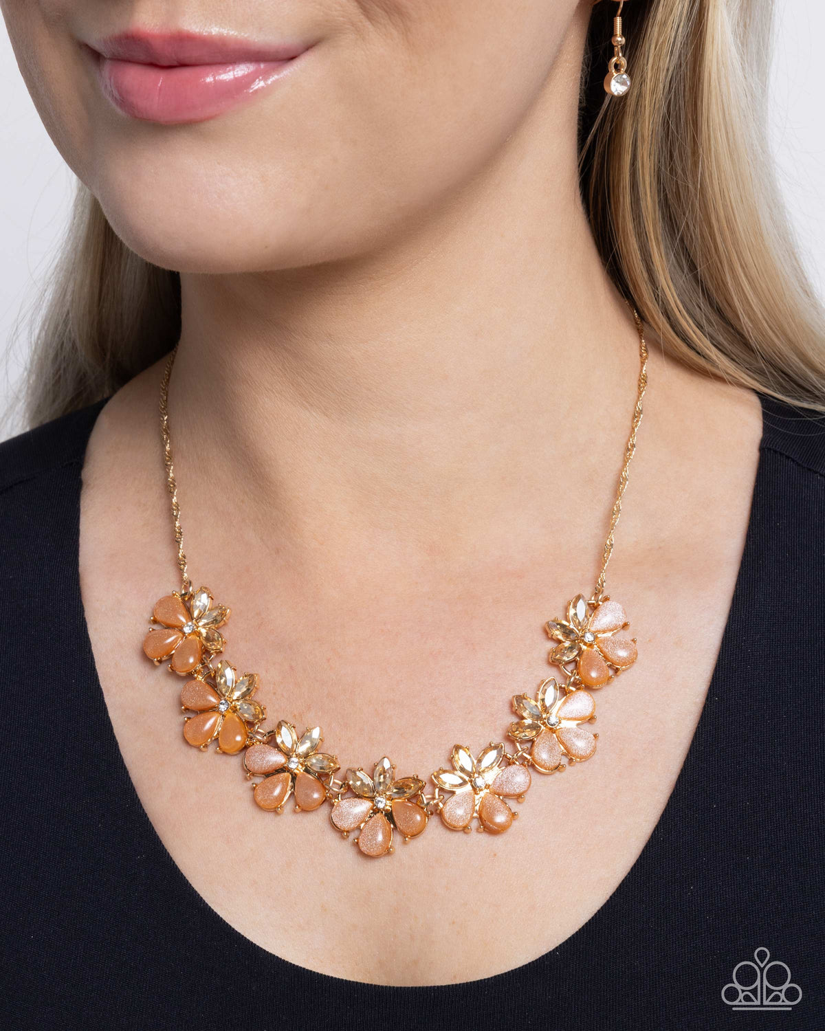 Consistent Chic Orange Floral Necklace - Paparazzi Accessories- on model - CarasShop.com - Paparazzi Jewelry by Cara Jewels