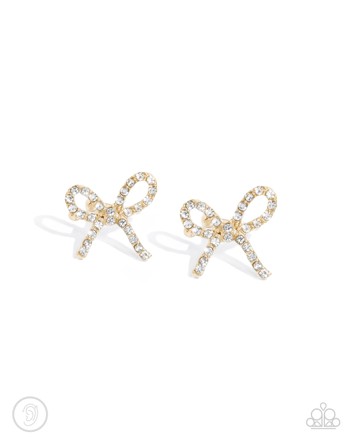 Convincing Charm Gold & White Rhinestone Bow Ear Cuffs - Paparazzi Accessories- lightbox - CarasShop.com - Paparazzi Jewelry by Cara Jewels