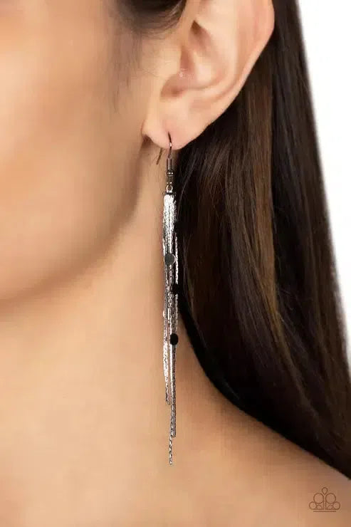 Cosmic Cascade Black Earrings - Paparazzi Accessories-on model - CarasShop.com - Paparazzi Jewelry by Cara Jewels