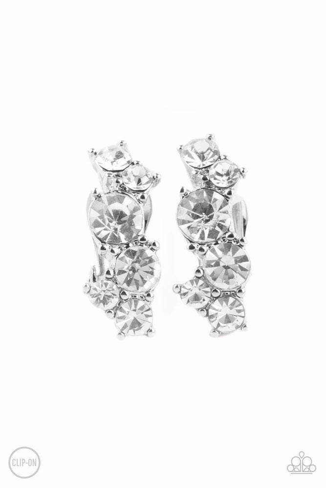 Cosmic Celebration White Clip-on Earrings - Paparazzi Accessories- lightbox - CarasShop.com - Paparazzi Jewelry by Cara Jewels