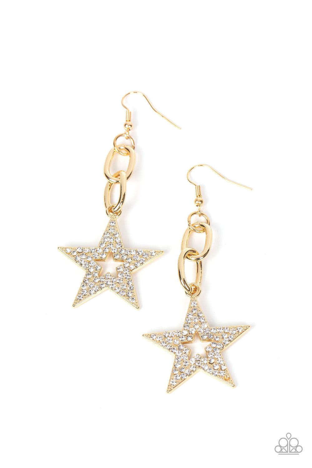 Cosmic Celebrity Gold & White Rhinestone Star Earrings - Paparazzi Accessories- lightbox - CarasShop.com - Paparazzi Jewelry by Cara Jewels