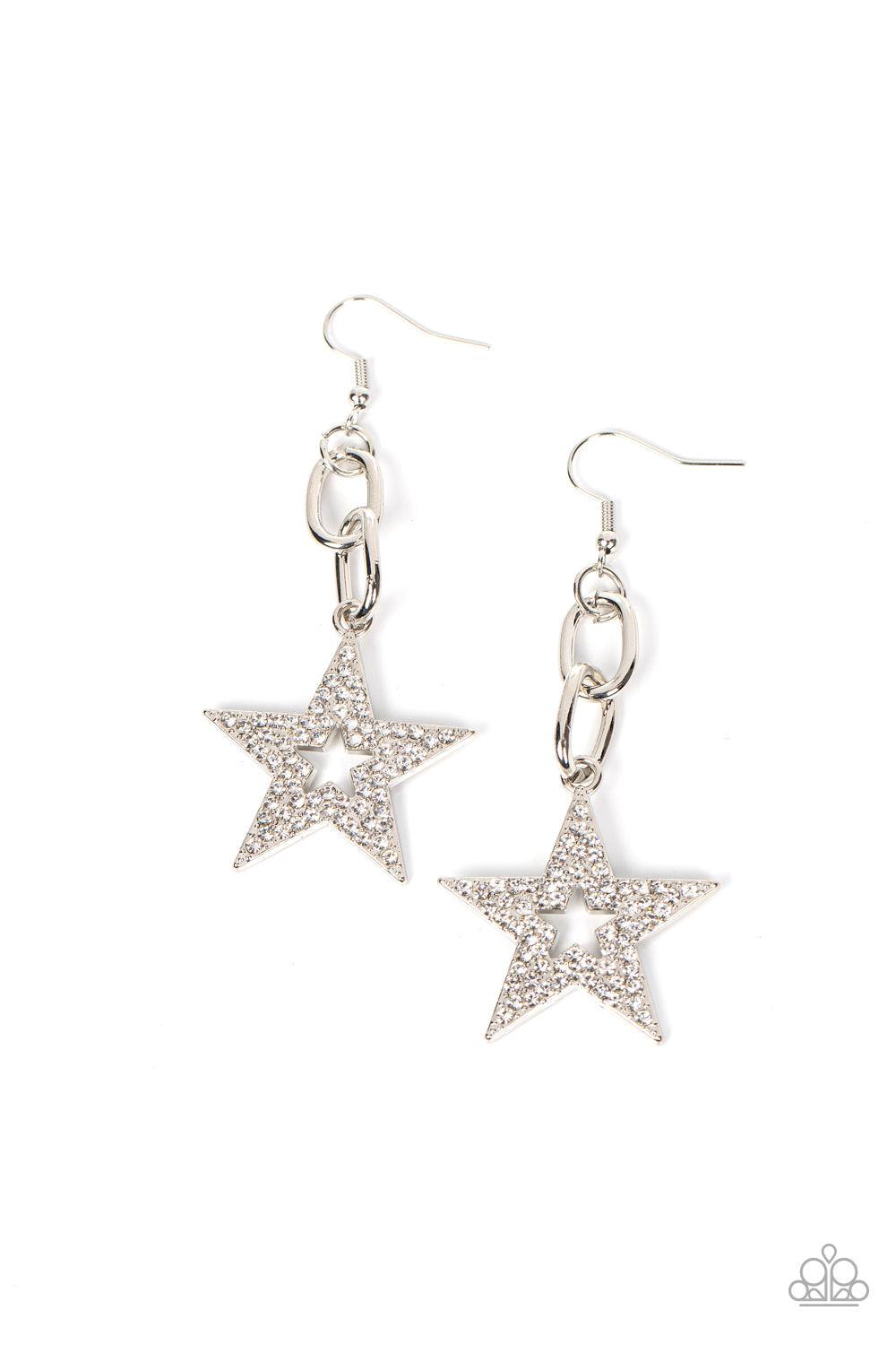 Cosmic Celebrity White Rhinestone Star Earrings - Paparazzi Accessories- lightbox - CarasShop.com - Paparazzi Jewelry by Cara Jewels
