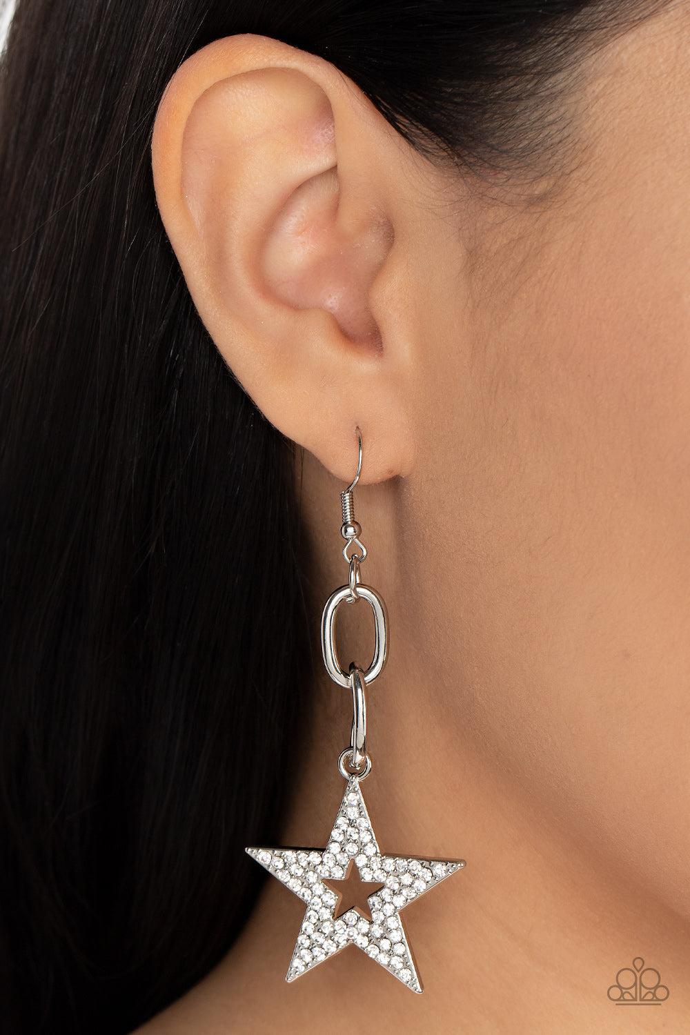 Cosmic Celebrity White Rhinestone Star Earrings - Paparazzi Accessories- on model - CarasShop.com - Paparazzi Jewelry by Cara Jewels