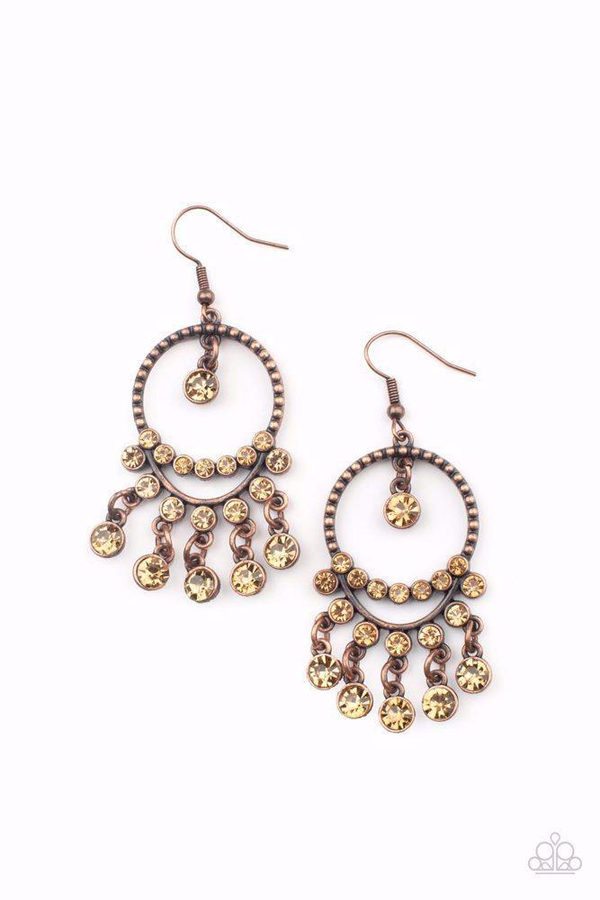 Cosmic Chandeliers Copper Earrings - Paparazzi Accessories- lightbox - CarasShop.com - Paparazzi Jewelry by Cara Jewels