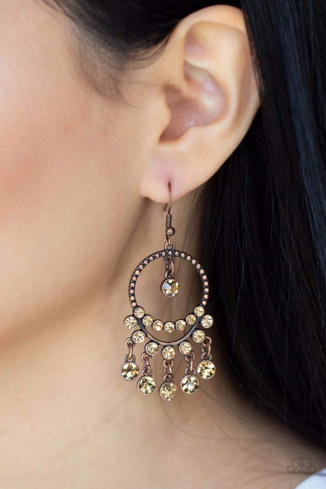 Cosmic Chandeliers Copper Earrings - Paparazzi Accessories- lightbox - CarasShop.com - Paparazzi Jewelry by Cara Jewels