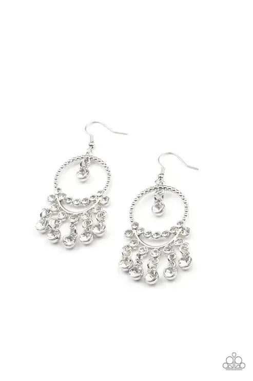 Cosmic Chandeliers White Earrings - Paparazzi Accessories- lightbox - CarasShop.com - Paparazzi Jewelry by Cara Jewels
