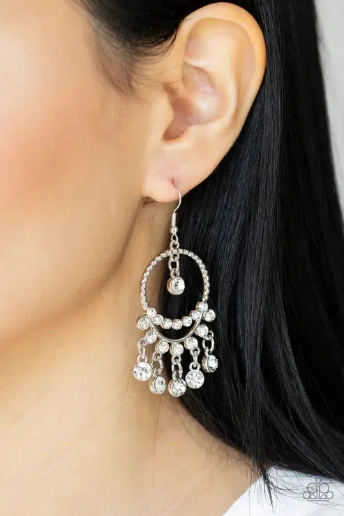 Cosmic Chandeliers White Earrings - Paparazzi Accessories- on model - CarasShop.com - Paparazzi Jewelry by Cara Jewels