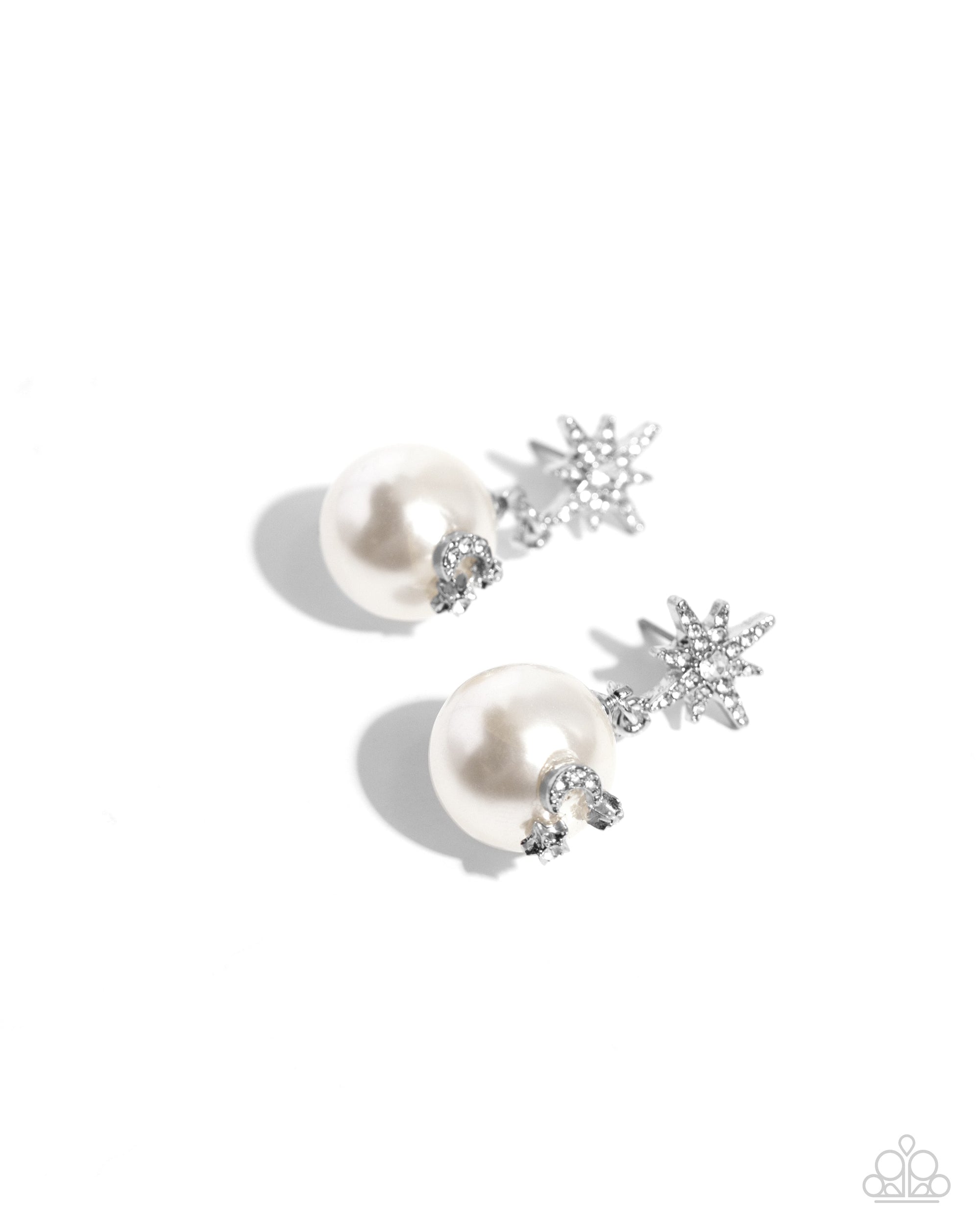Cosmic Character White Pearl & Rhinestone Post Earrings - Paparazzi Accessories- lightbox - CarasShop.com - Paparazzi Jewelry by Cara Jewels
