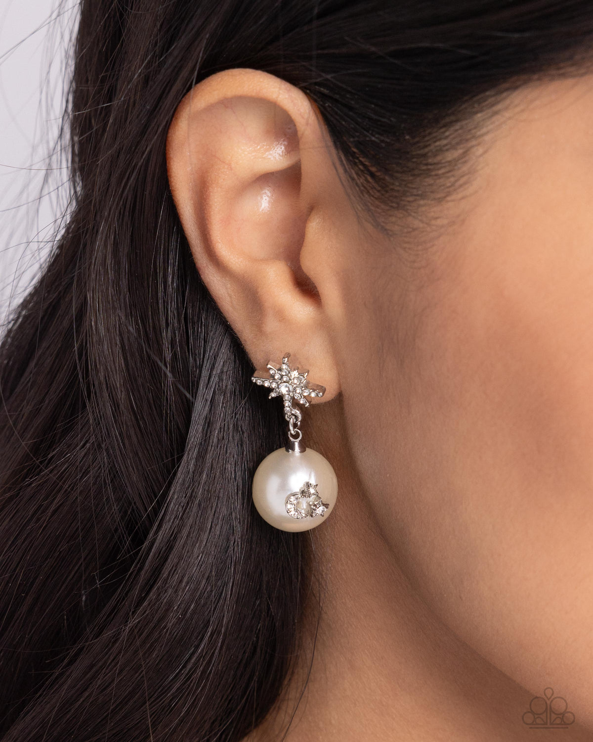 Cosmic Character White Pearl & Rhinestone Post Earrings - Paparazzi Accessories- on model - CarasShop.com - Paparazzi Jewelry by Cara Jewels