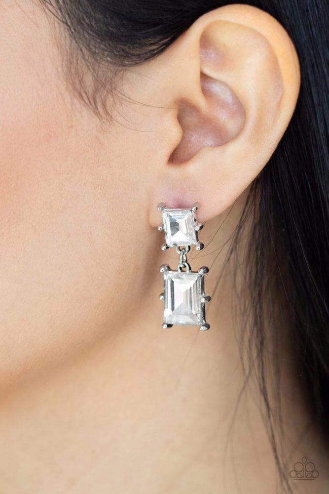 Cosmic Queen White Earrings - Paparazzi Accessories- on model - CarasShop.com - Paparazzi Jewelry by Cara Jewels
