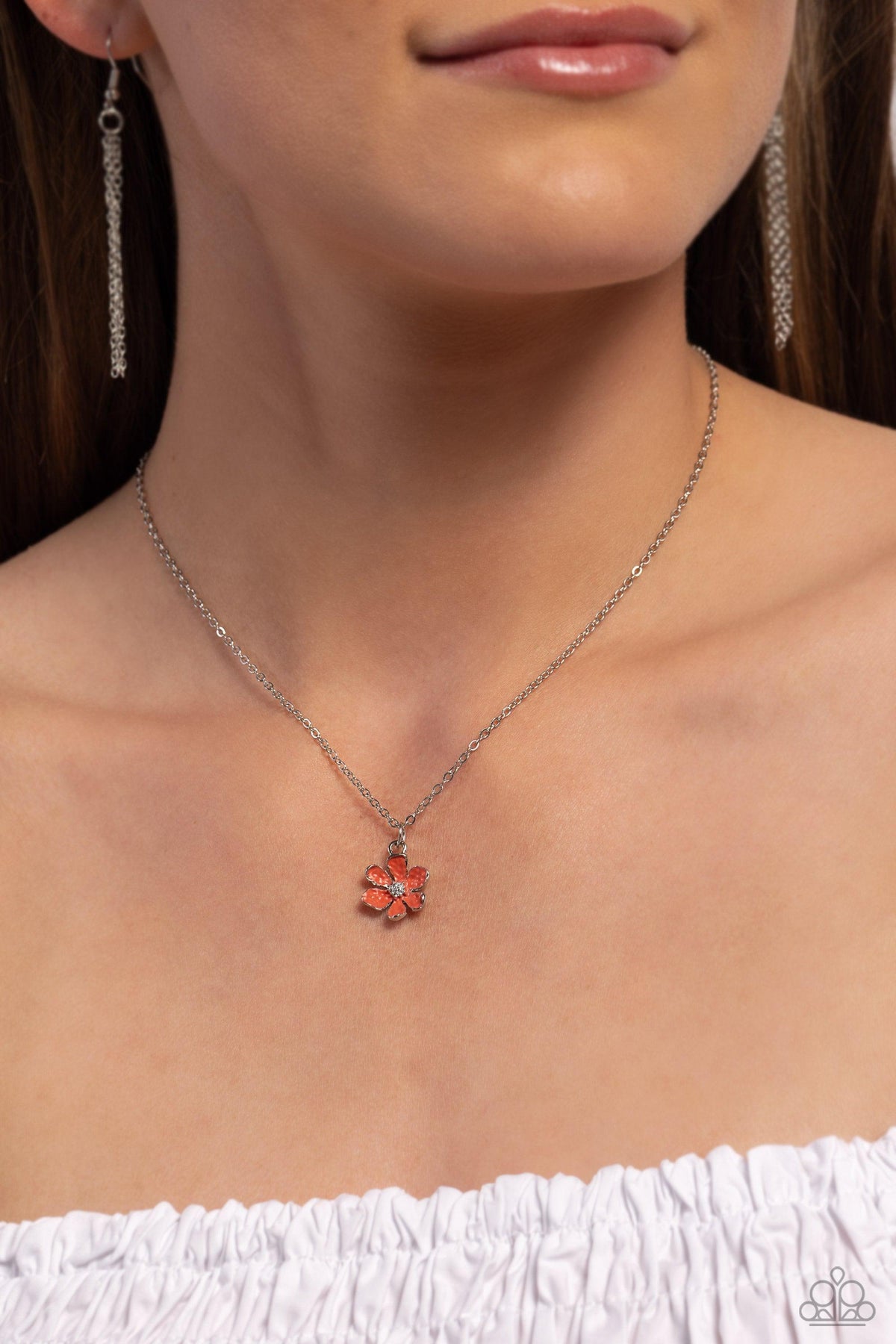 Cottage Retreat Orange Flower Necklace - Paparazzi Accessories- on model - CarasShop.com - Paparazzi Jewelry by Cara Jewels