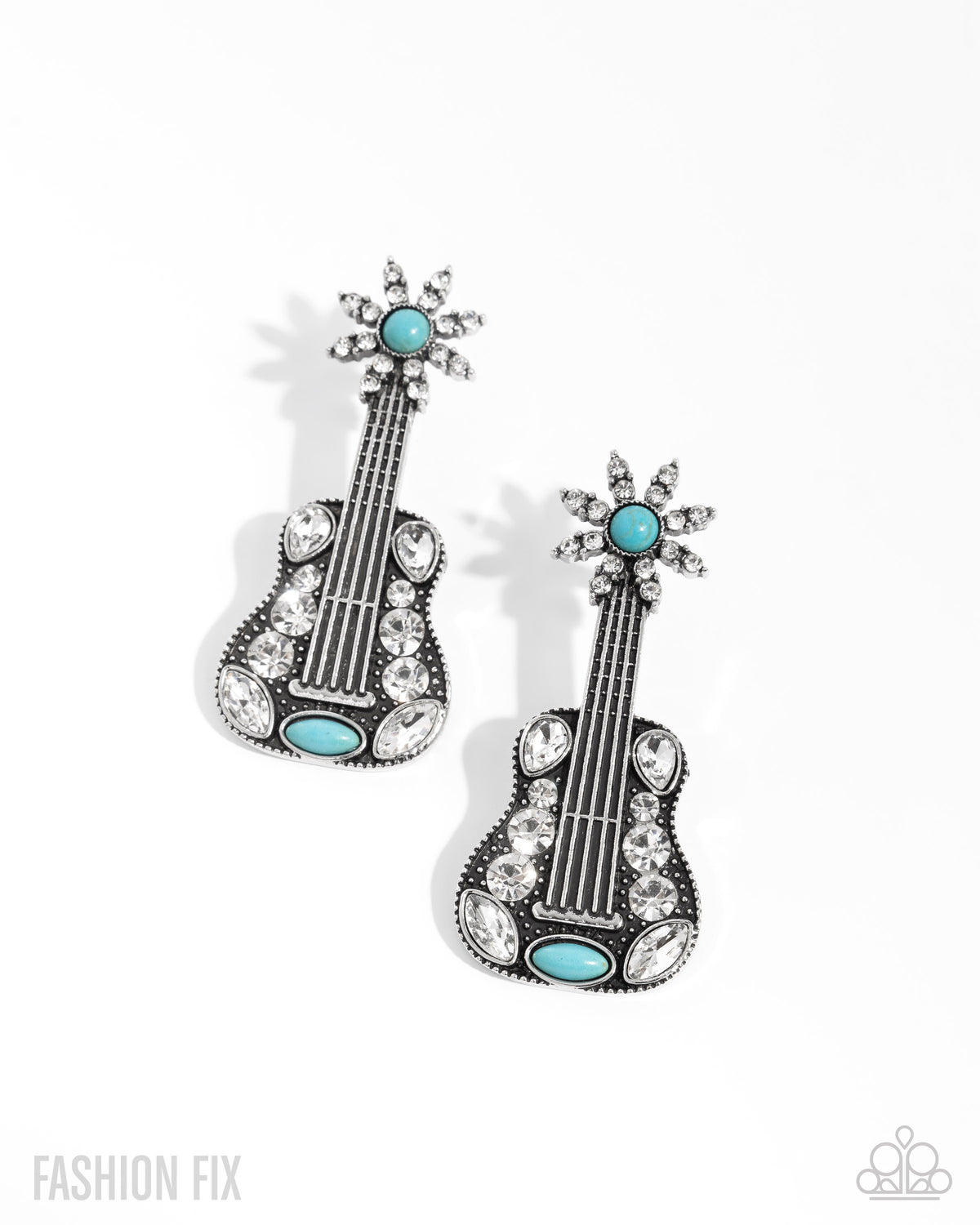 Country Comeback Turquoise Blue Stone & White Rhinestone Guitar Earrings - Paparazzi Accessories- lightbox - CarasShop.com - Paparazzi Jewelry by Cara Jewels