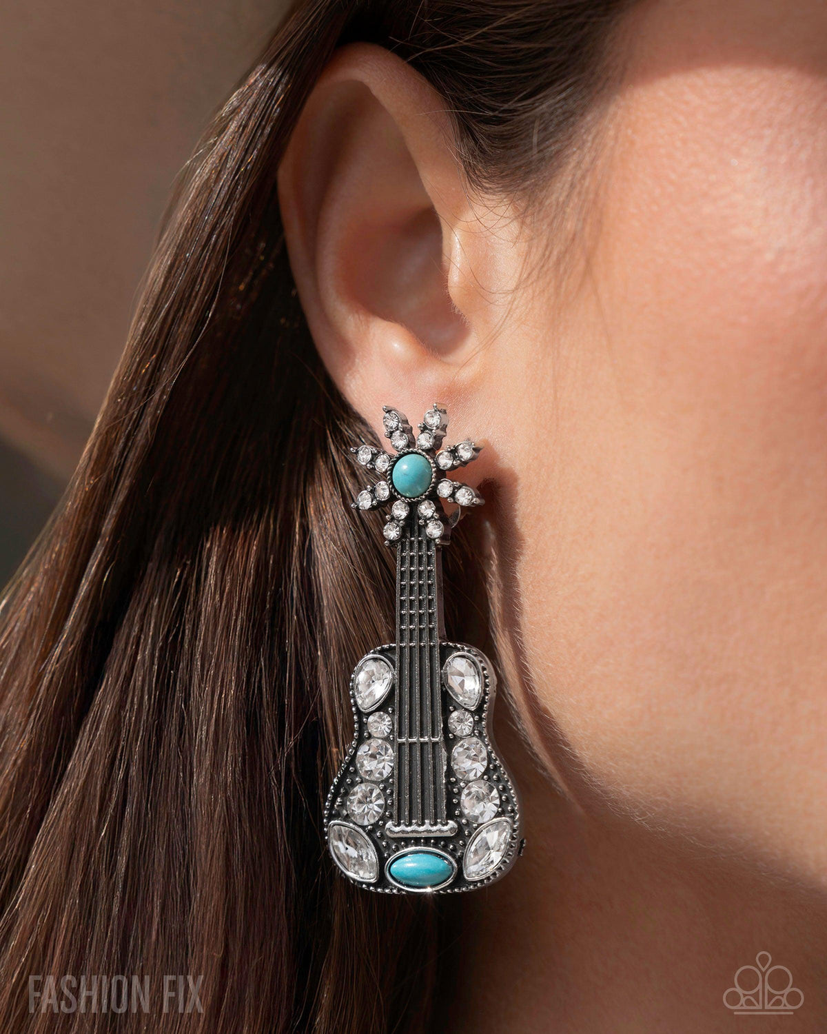 Country Comeback Turquoise Blue Stone & White Rhinestone Guitar Earrings - Paparazzi Accessories-on model - CarasShop.com - Paparazzi Jewelry by Cara Jewels