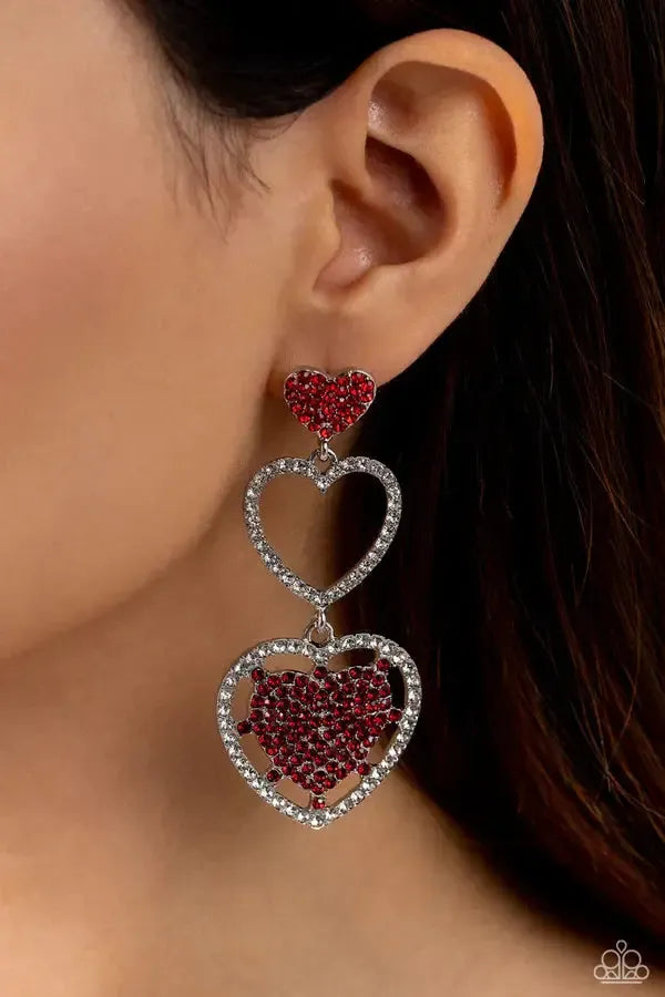 Couples Celebration Red Rhinestone Heart Earrings - Paparazzi Accessories- on model - CarasShop.com - Paparazzi Jewelry by Cara Jewels