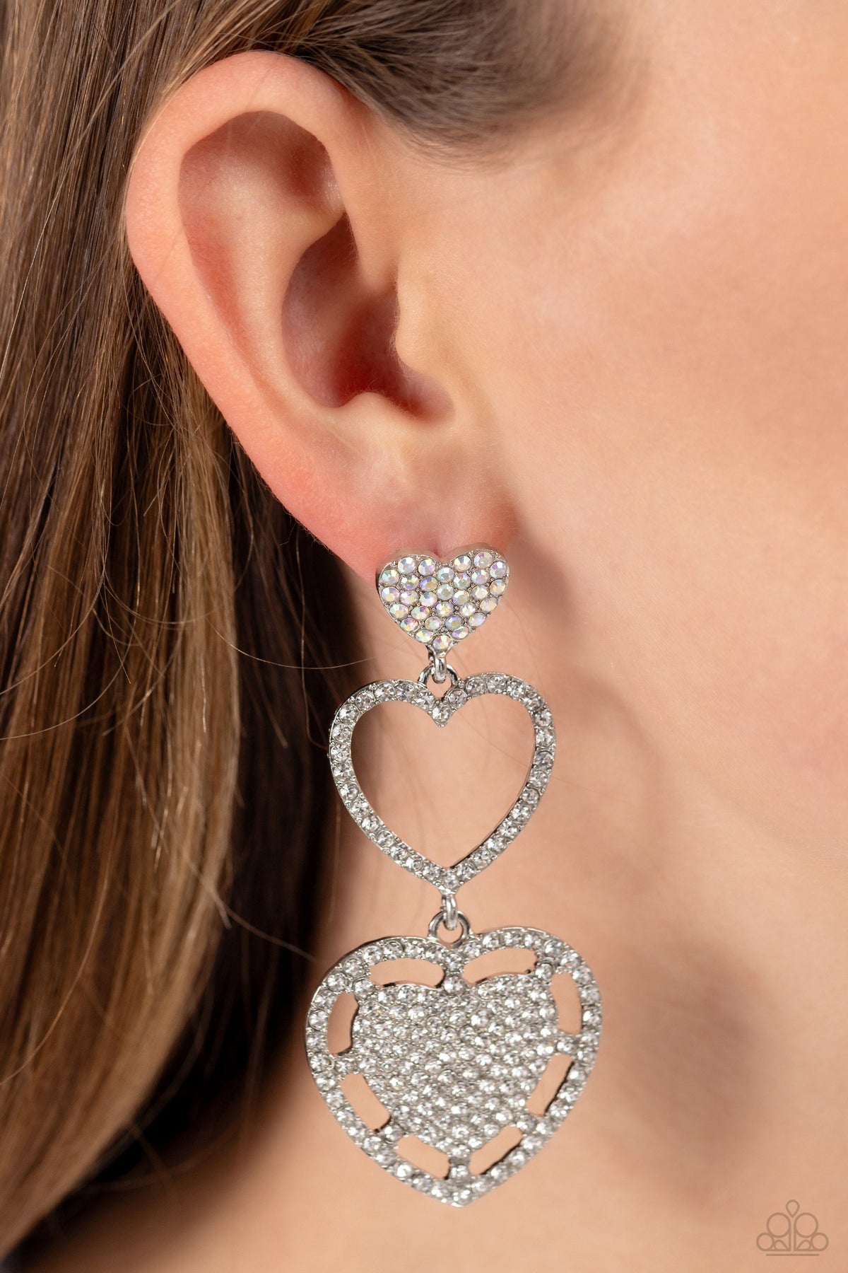Couples Celebration White Rhinestone Heart Earrings - Paparazzi Accessories- on model - CarasShop.com - Paparazzi Jewelry by Cara Jewels