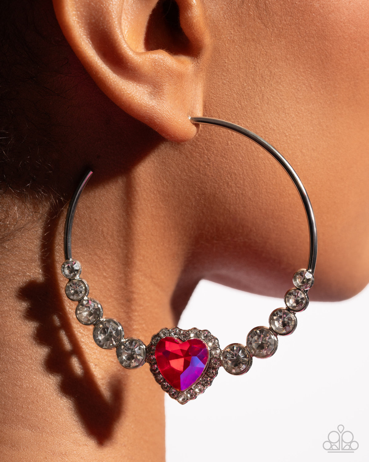 Courting Confidence Pink Gem Heart Hoop Earrings - Paparazzi Accessories-on model - CarasShop.com - Paparazzi Jewelry by Cara Jewels